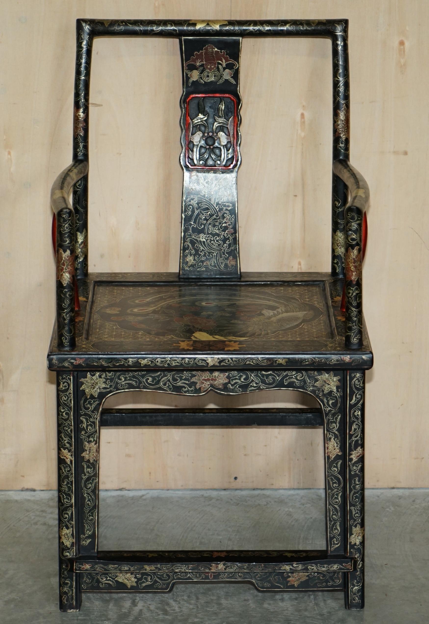 Chinese Export Pair of Chinese Antique Export Cir 1900 Lacquered & Painted Ming Style Armchairs For Sale