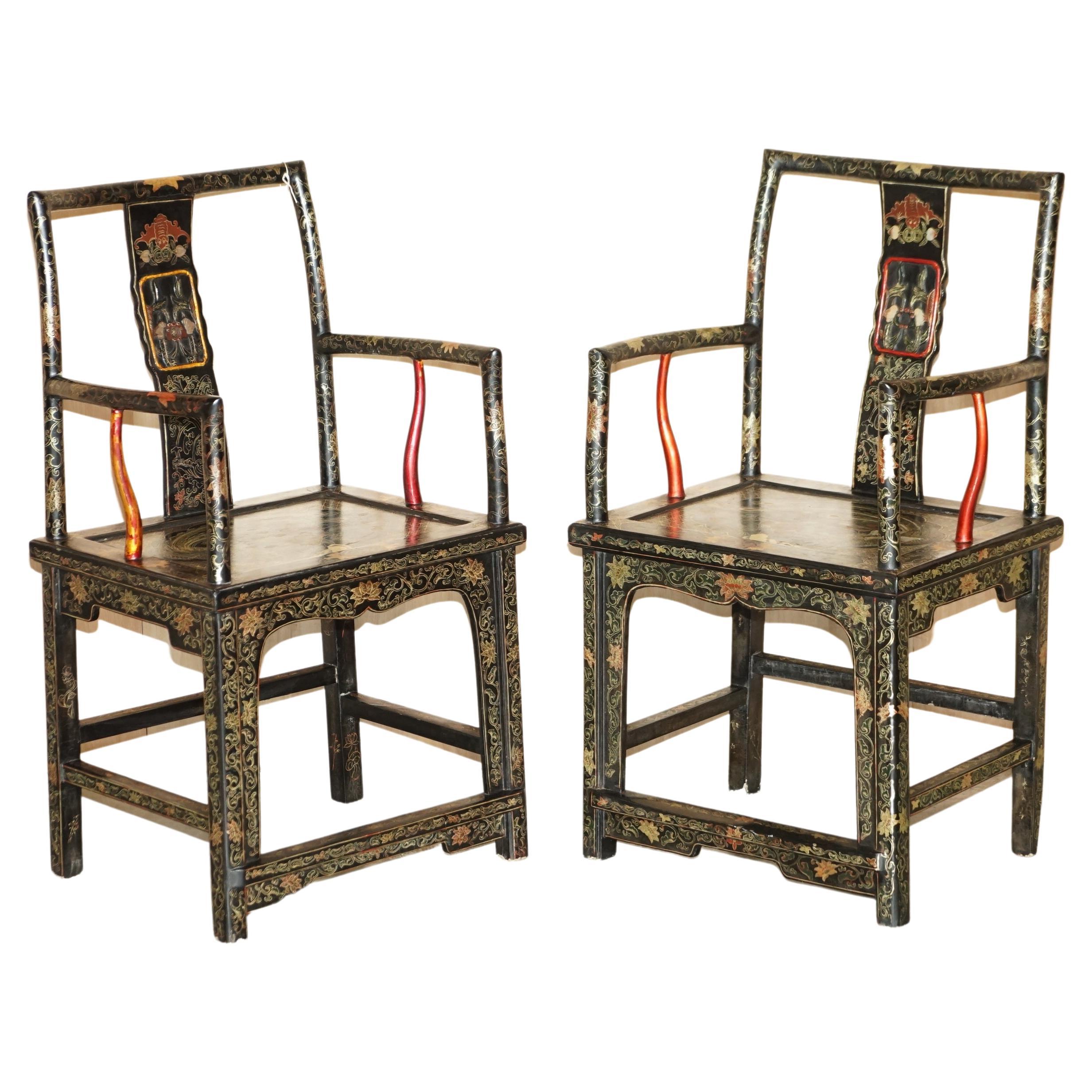 Pair of Chinese Antique Export Cir 1900 Lacquered & Painted Ming Style Armchairs