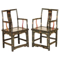 Pair of Chinese Antique Export Cir 1900 Lacquered & Painted Ming Style Armchairs