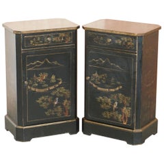 Pair of Chinese Vintage Hand Painted Chinoiserie Side Table Cabinets Cupboards