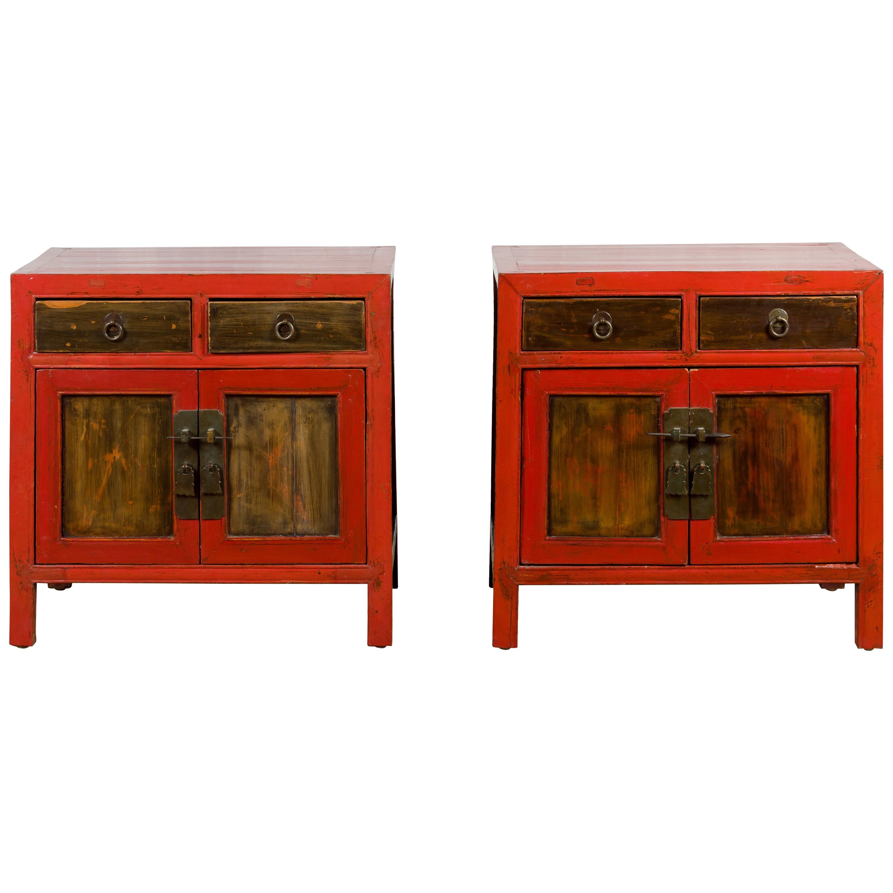Pair of Chinese Antique Red Lacquer Small Cabinets with Drawers and Doors