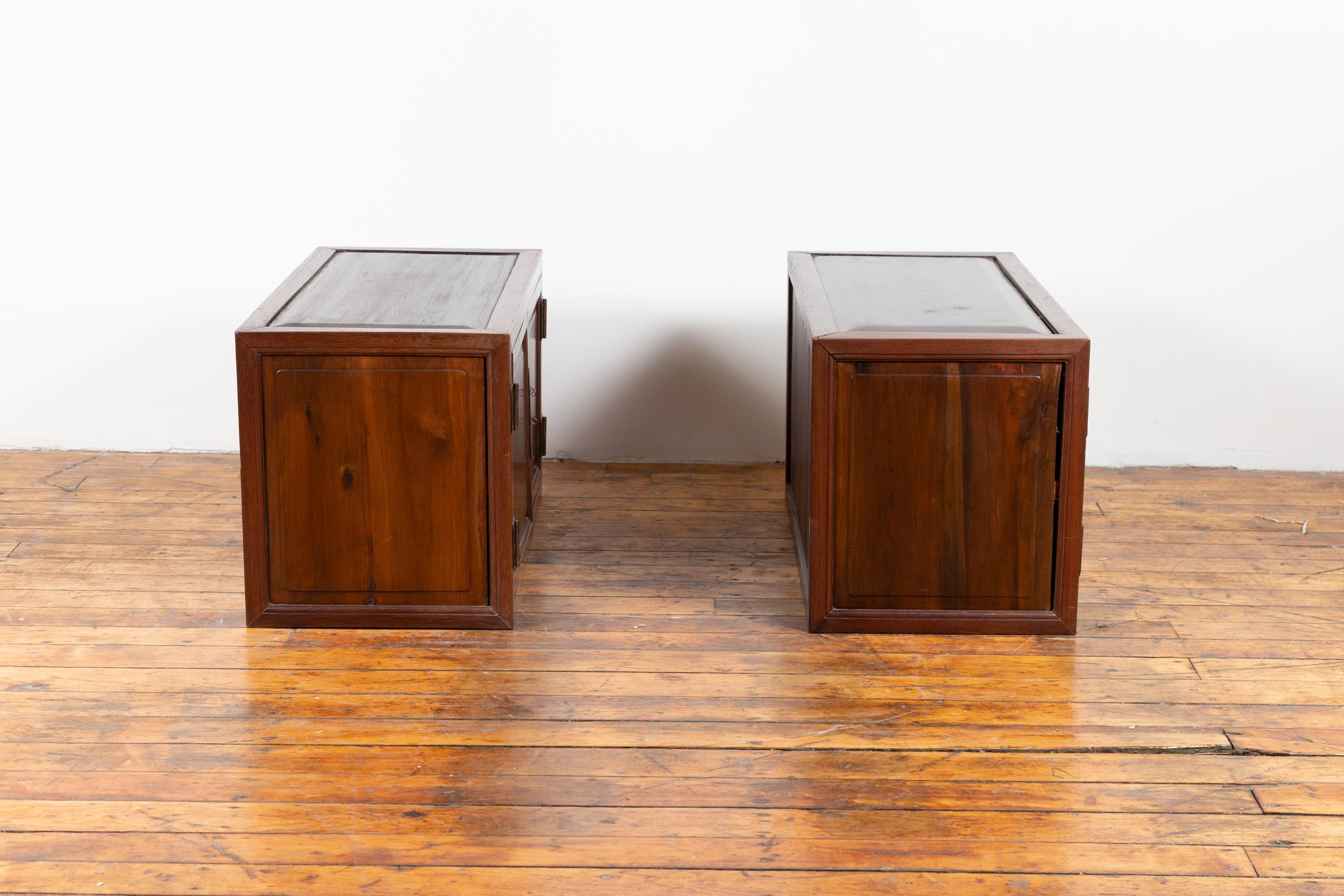 Pair of Chinese Antique Wood Low Cabinets with Brass Hardware and Raised Accents 7