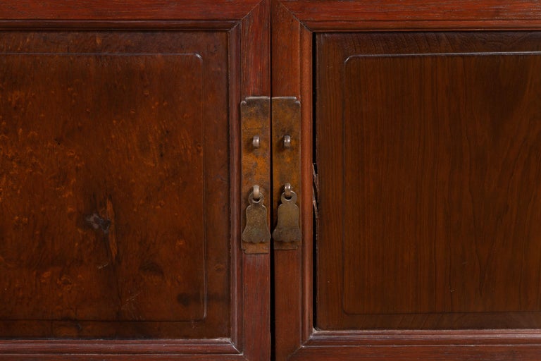 Pair Of Chinese Antique Wood Low Cabinets With Brass Hardware And Raised Accents At 1stdibs Chinese Antique Wood Low Cabinets, Chinese Cabinet Hardware