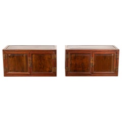 Pair of Chinese Antique Wood Low Cabinets with Brass Hardware and Raised Accents