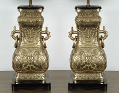 Pair of Chinese Archaistic Brass Table Lamps, 1940s