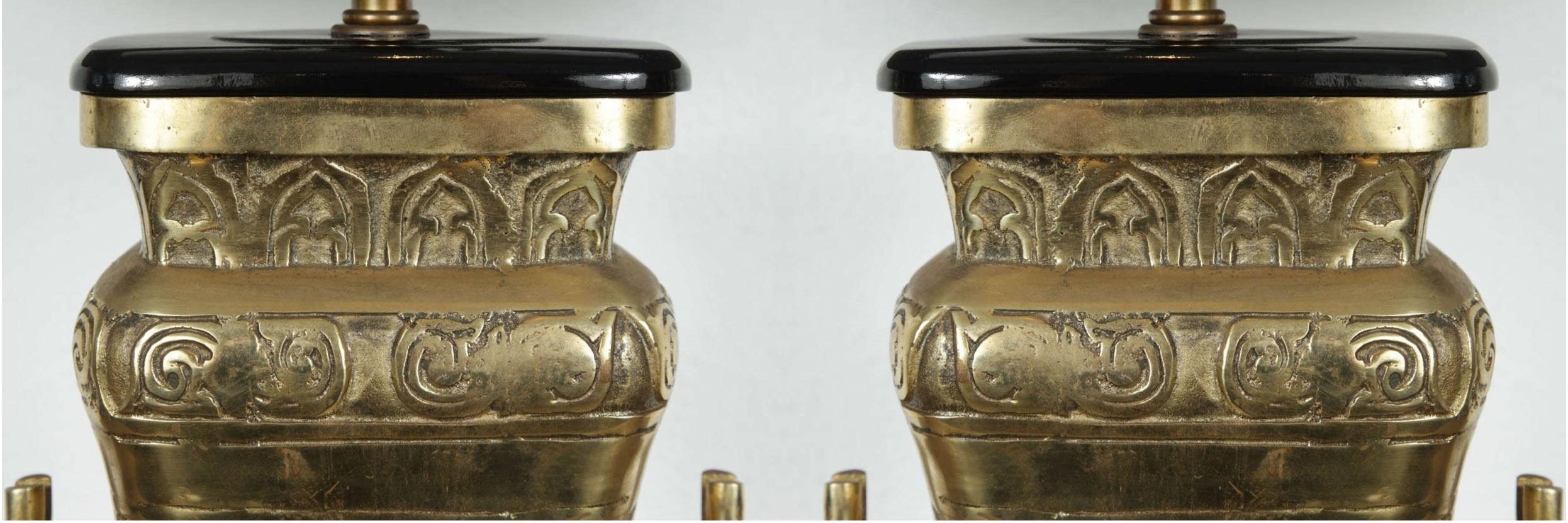 Chinoiserie Pair of Chinese Archaistic Brass Table Lamps, 1940s For Sale