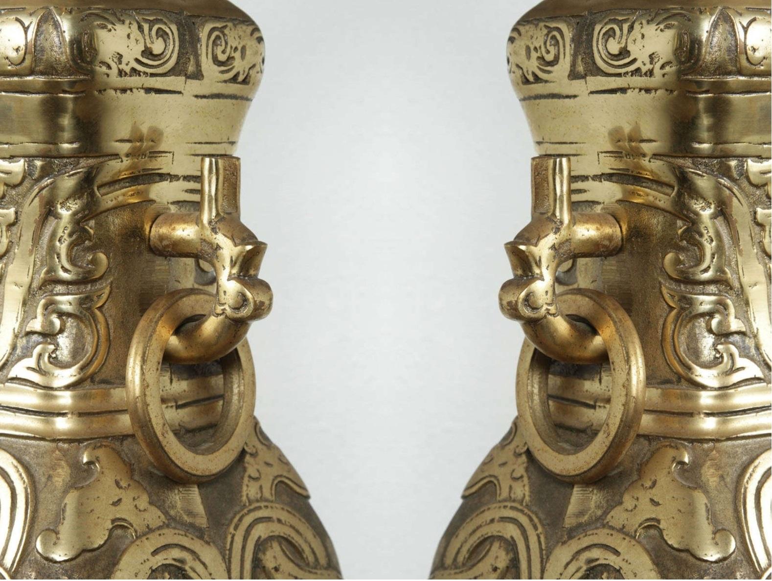 Pair of Chinese Archaistic Brass Table Lamps, 1940s In Good Condition For Sale In Dallas, TX
