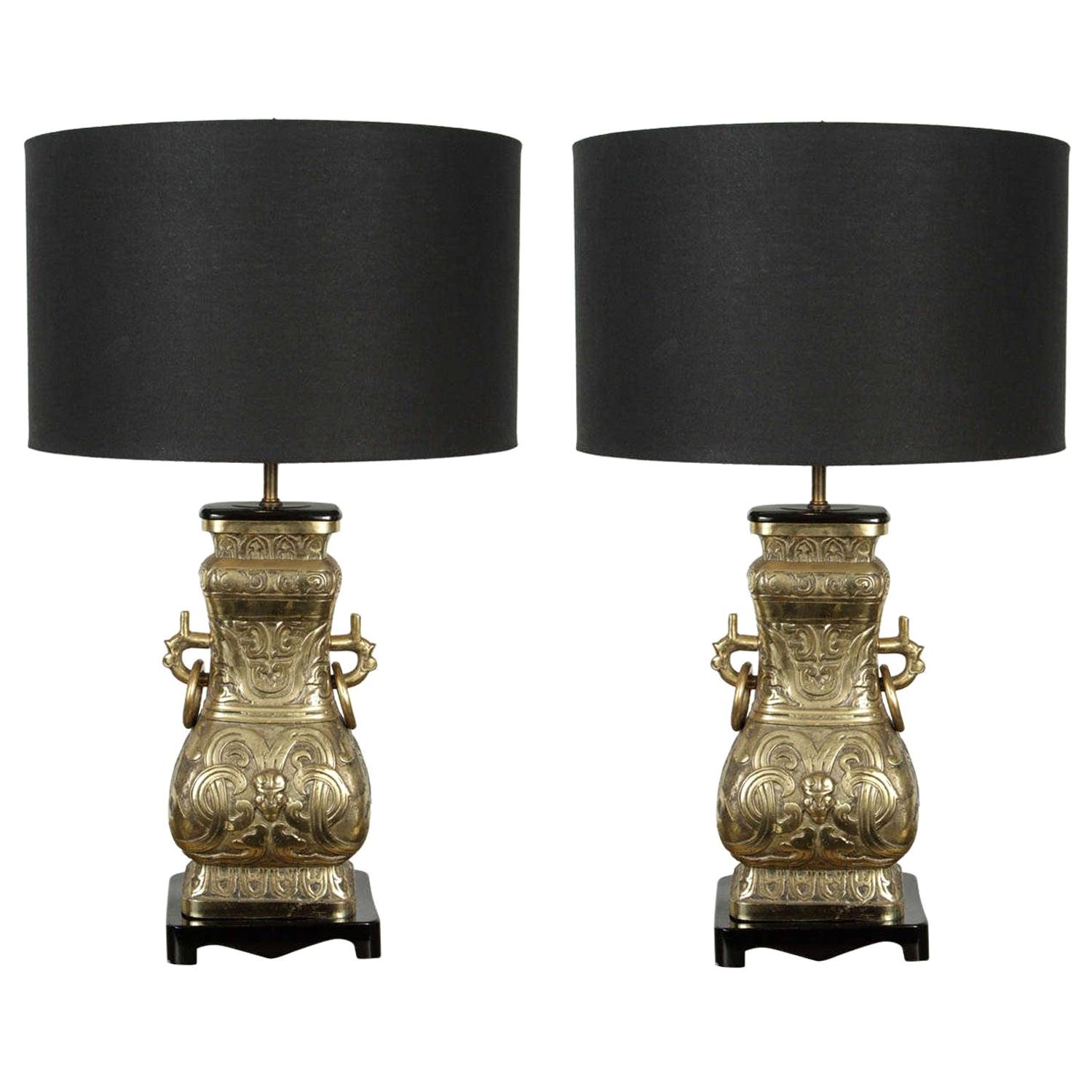 Pair of Chinese Archaistic Brass Table Lamps, 1940s For Sale