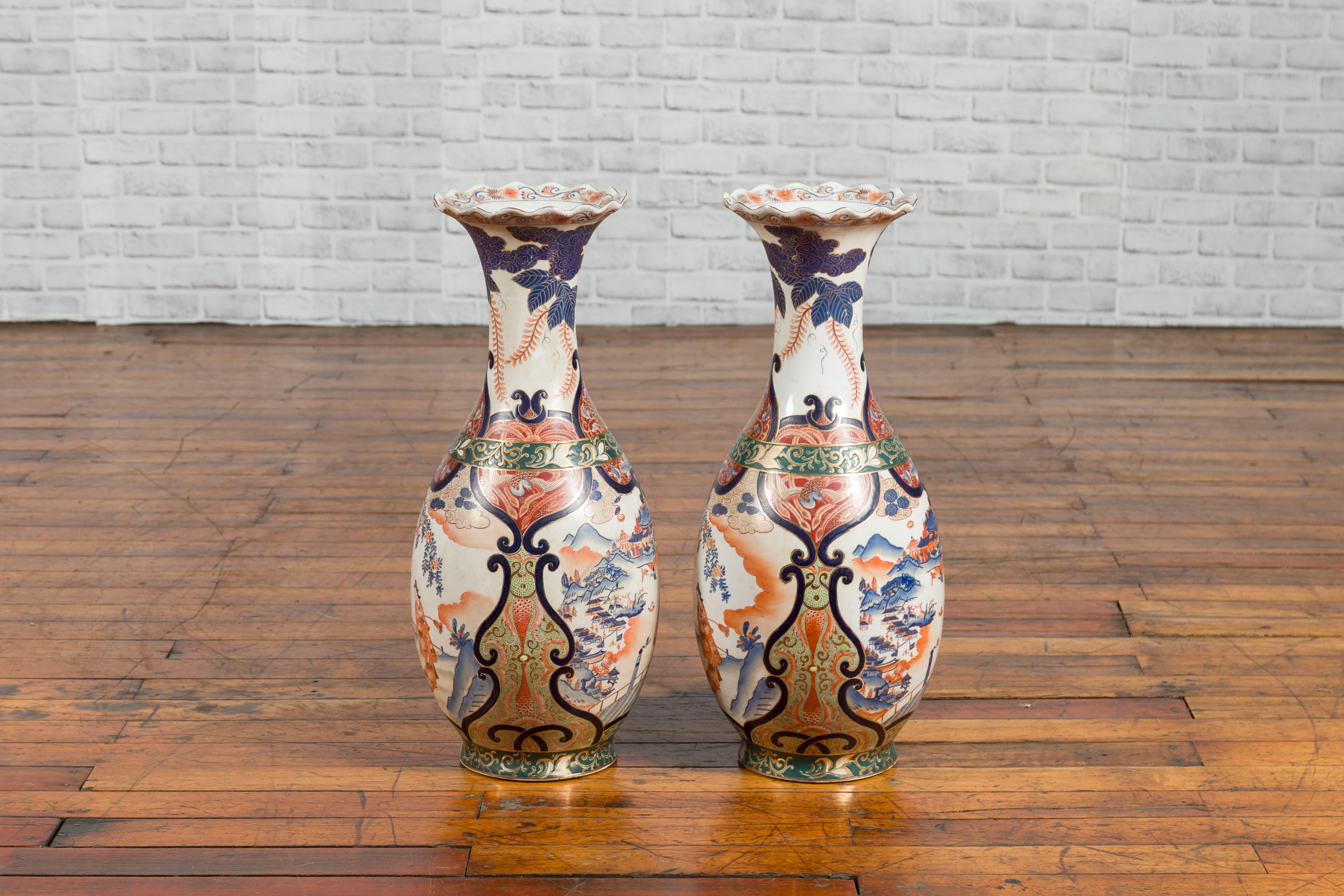 Pair of Chinese Arita Style Palace Vases with Blue, Orange, Green and Gold Decor For Sale 6