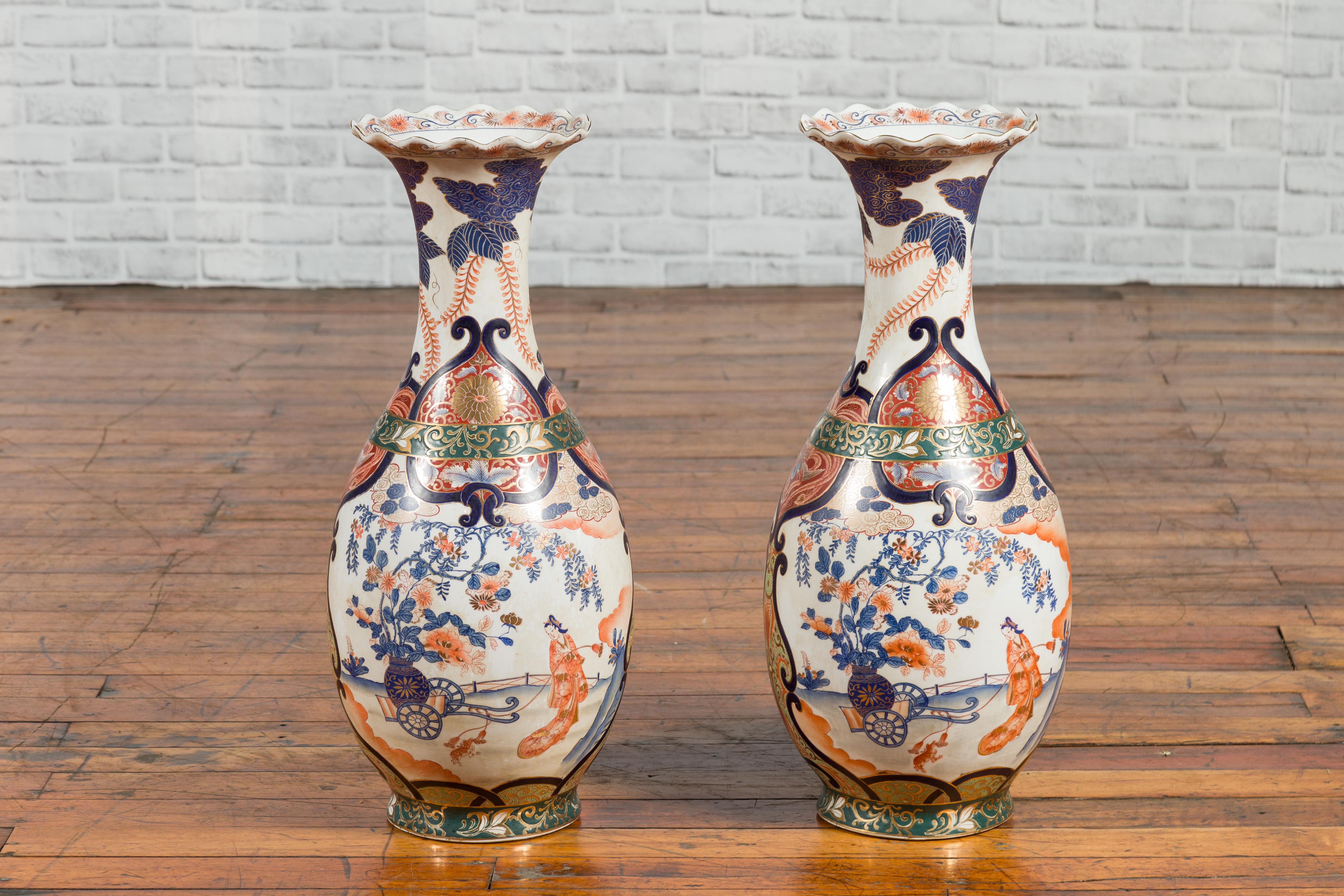 Pair of Chinese Arita Style Palace Vases with Blue, Orange, Green and Gold Decor For Sale 7