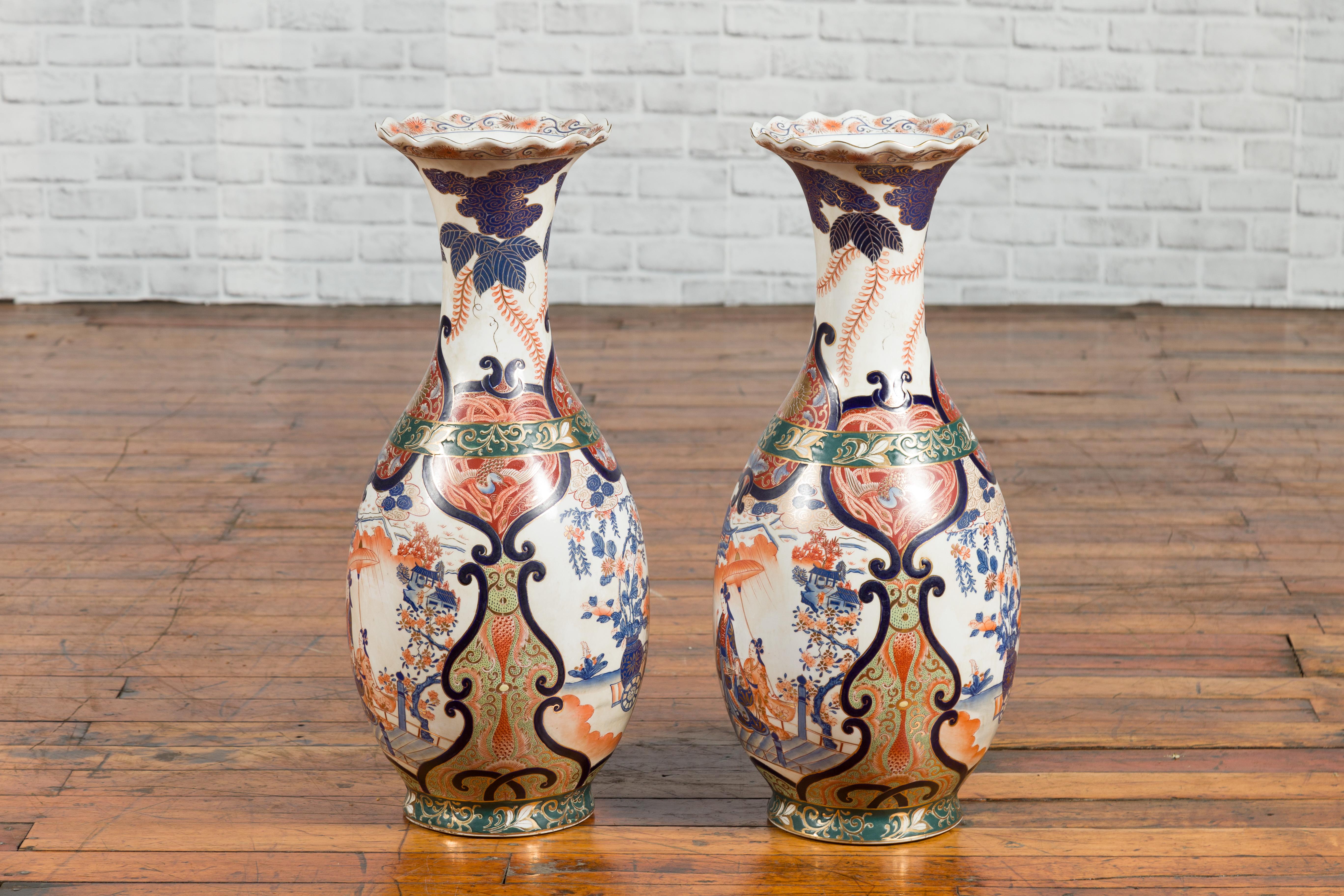 Pair of Chinese Arita Style Palace Vases with Blue, Orange, Green and Gold Decor For Sale 8