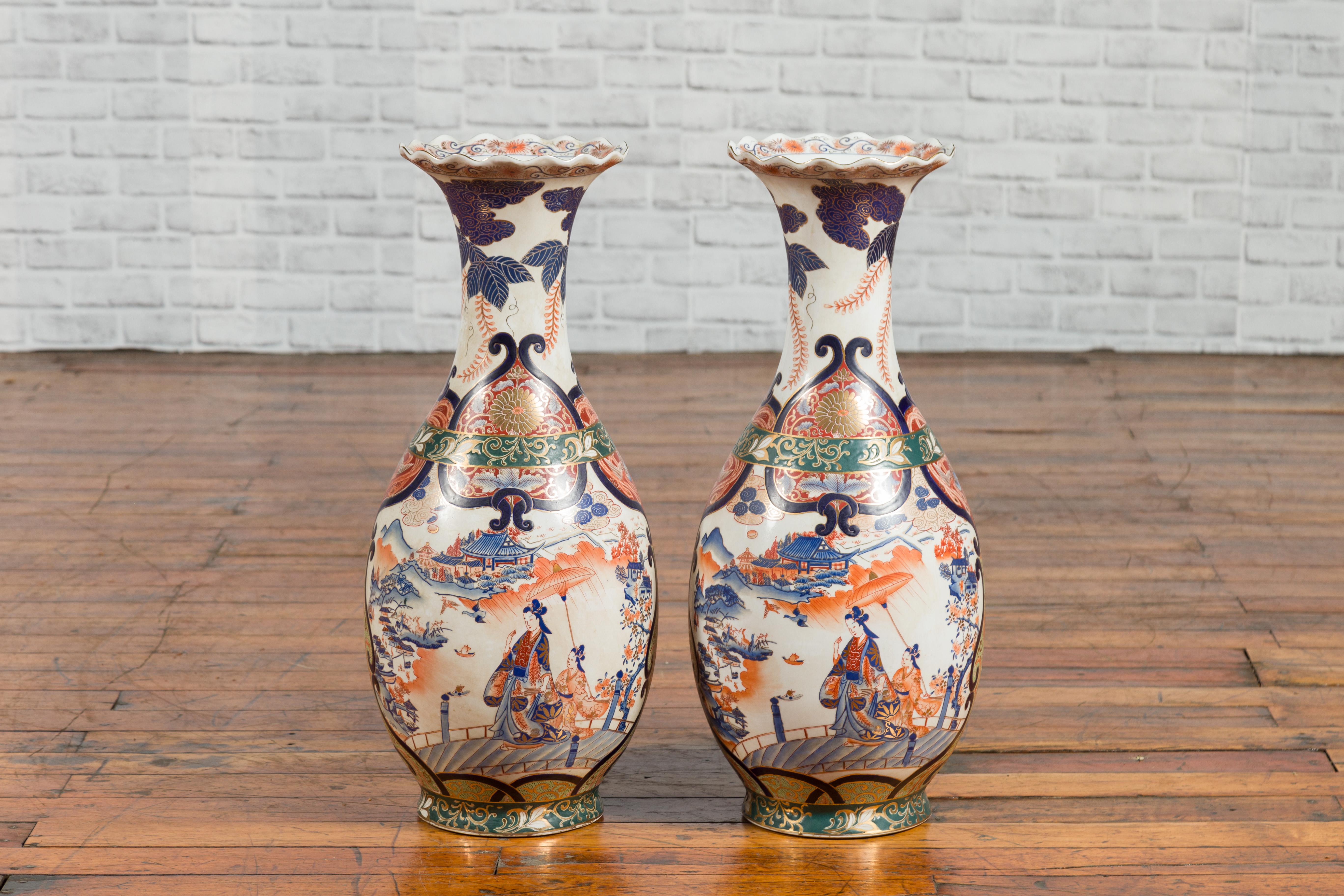 Pair of Chinese Arita Style Palace Vases with Blue, Orange, Green and Gold Decor In Good Condition For Sale In Yonkers, NY