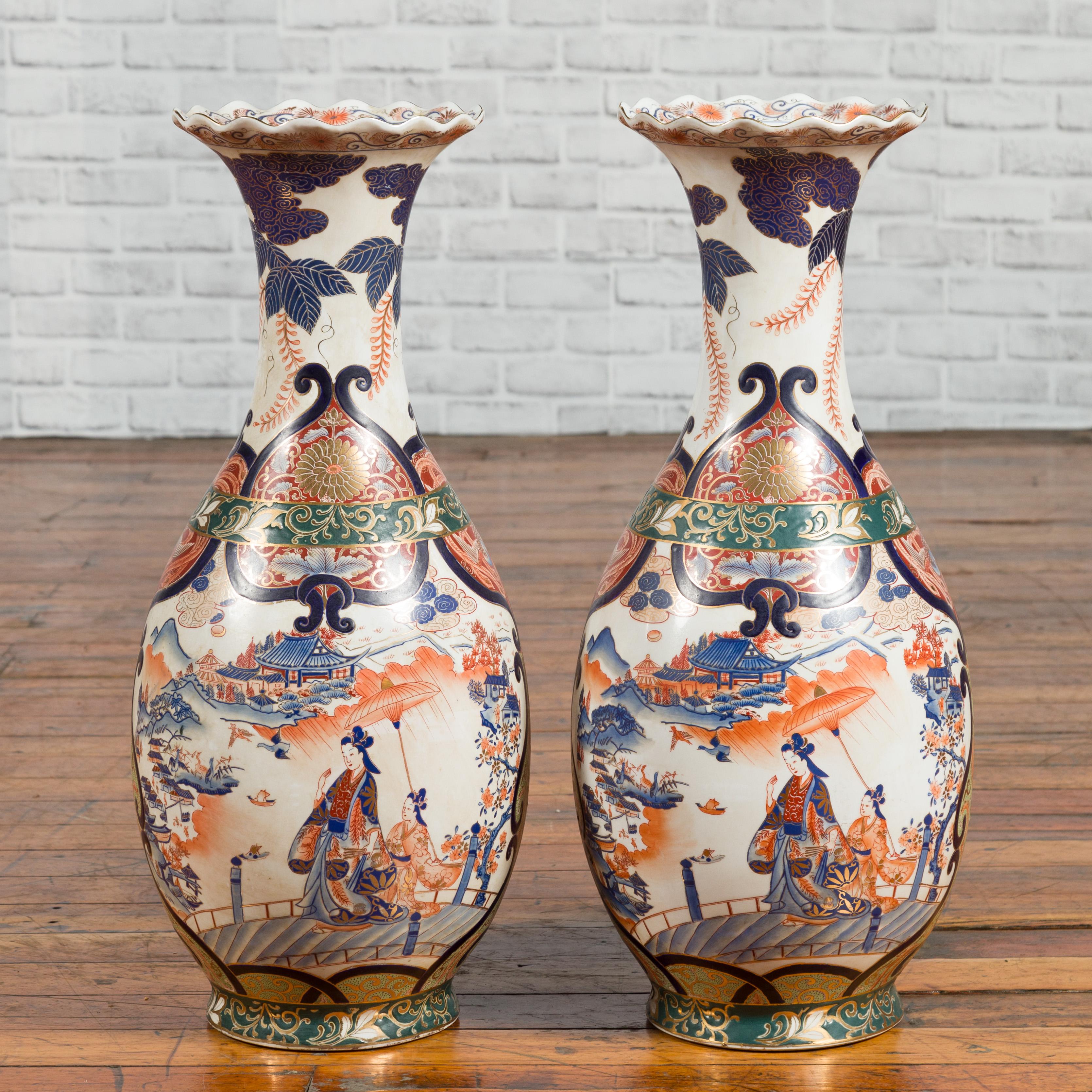 20th Century Pair of Chinese Arita Style Palace Vases with Blue, Orange, Green and Gold Decor For Sale
