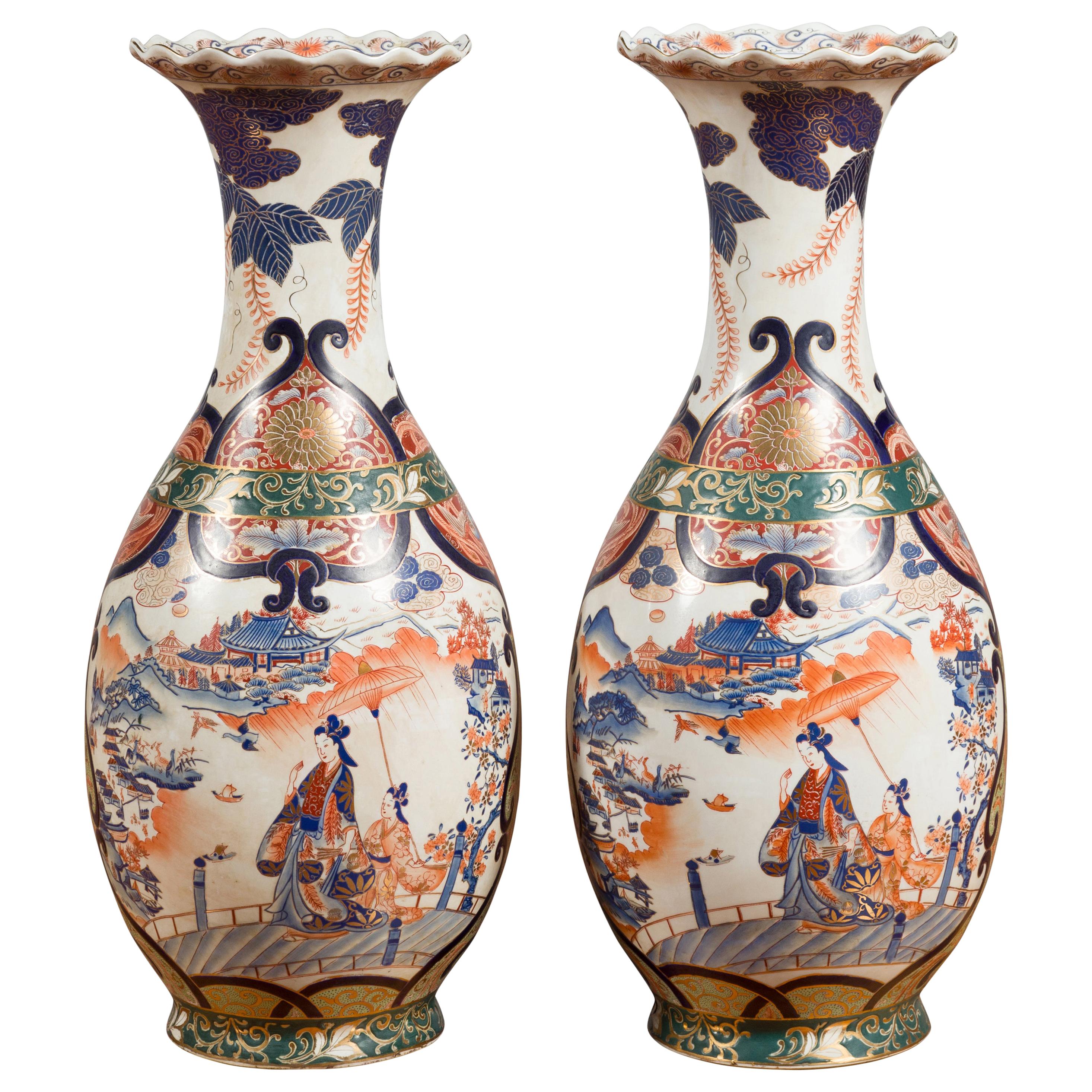 Pair of Chinese Arita Style Palace Vases with Blue, Orange, Green and Gold Decor For Sale