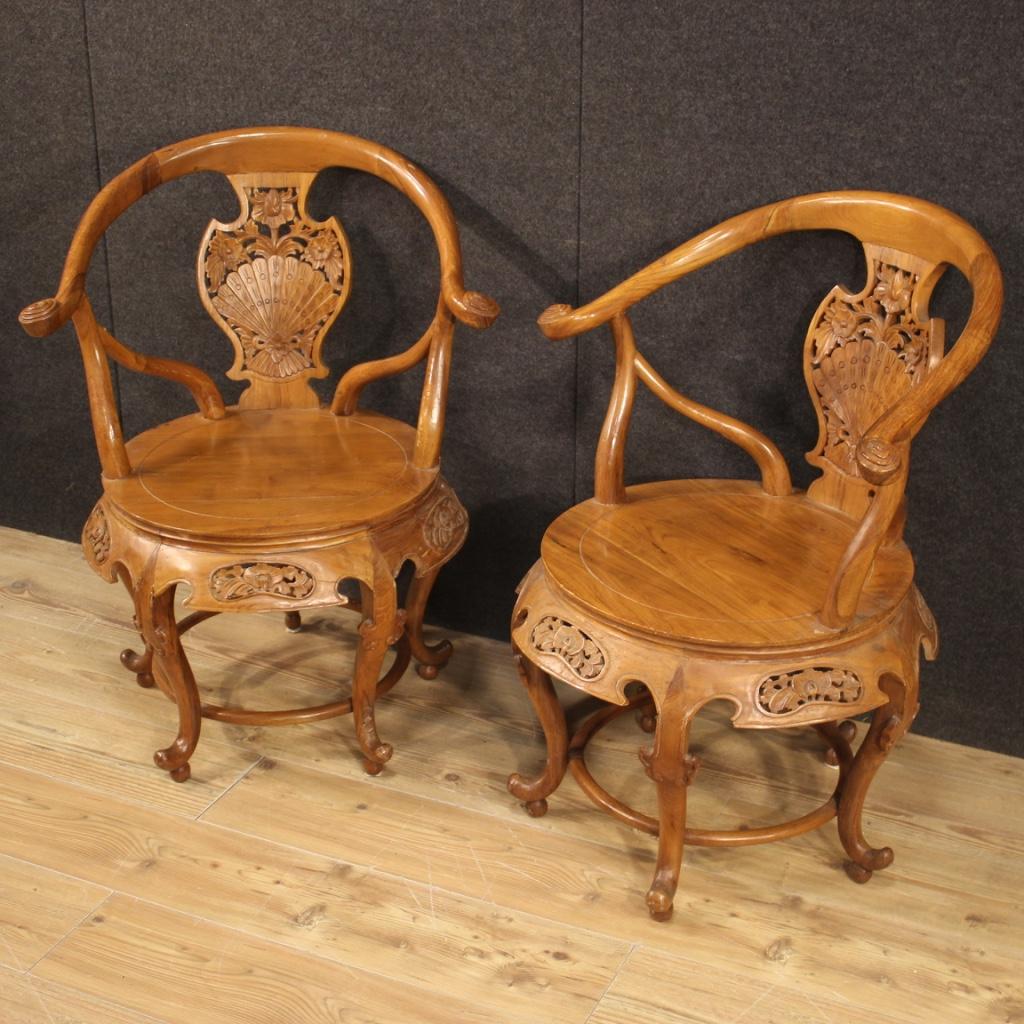 Italian Pair of Chinese Armchairs in Exotic Wood, 20th Century For Sale