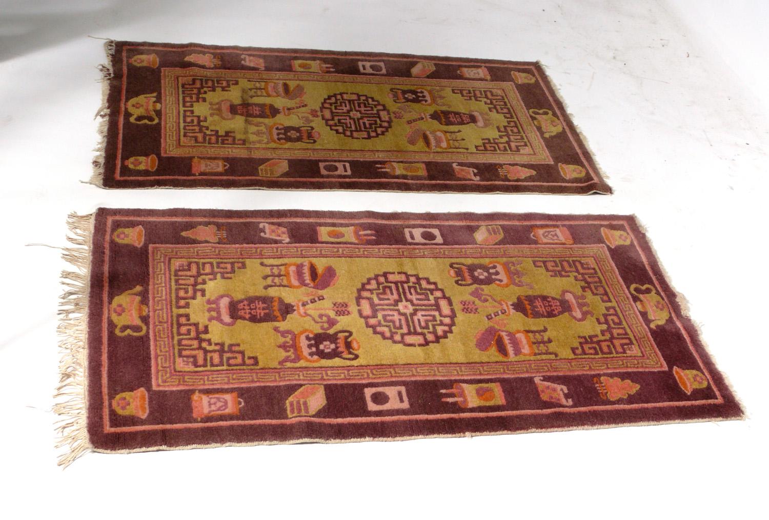 Pair of Chinese Art Deco carpet or rug runners, circa 1930s. Beautiful colors and rare to find a pair. They measure 45