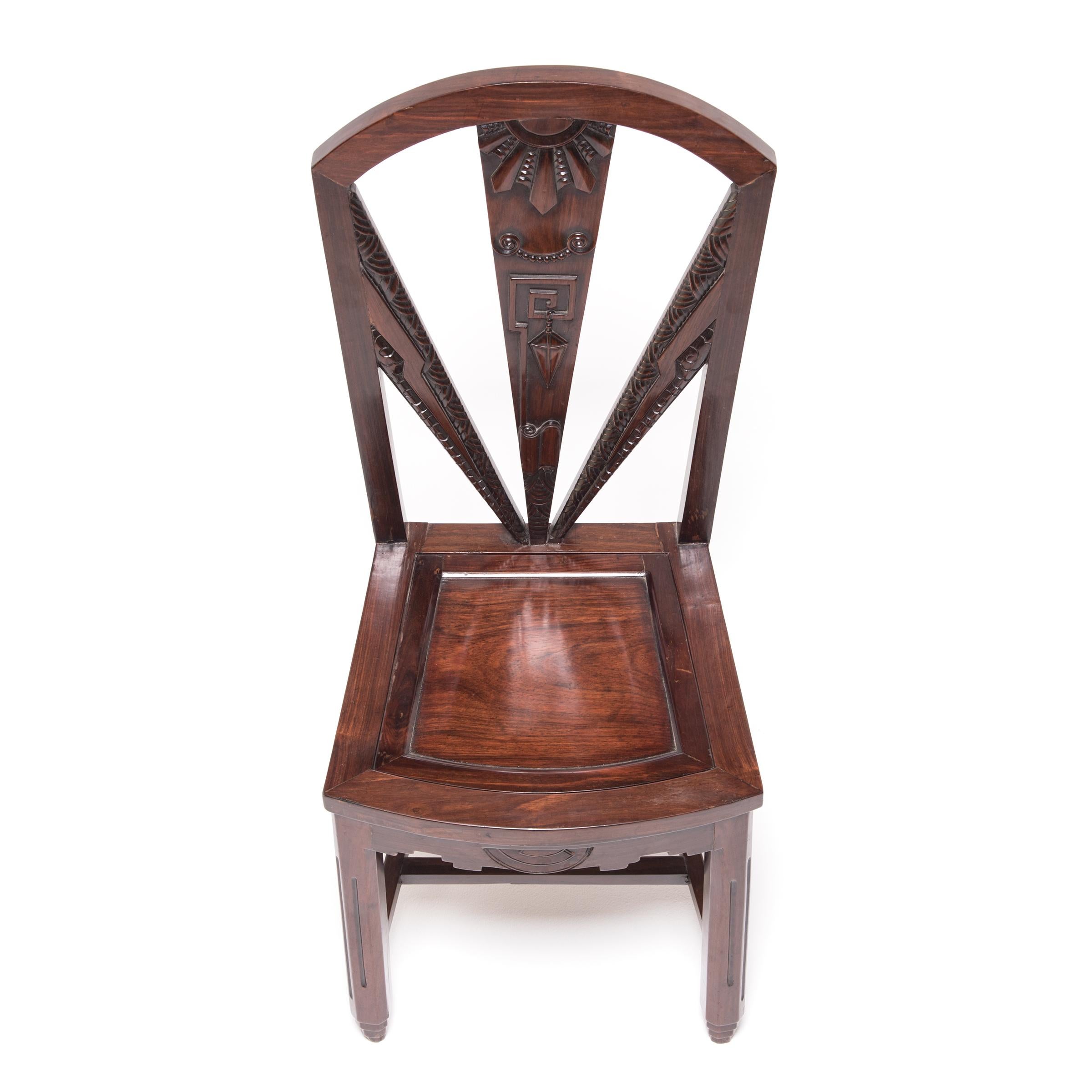 Hardwood Pair of Chinese Art Deco Geometric Side Chairs, c. 1920 For Sale