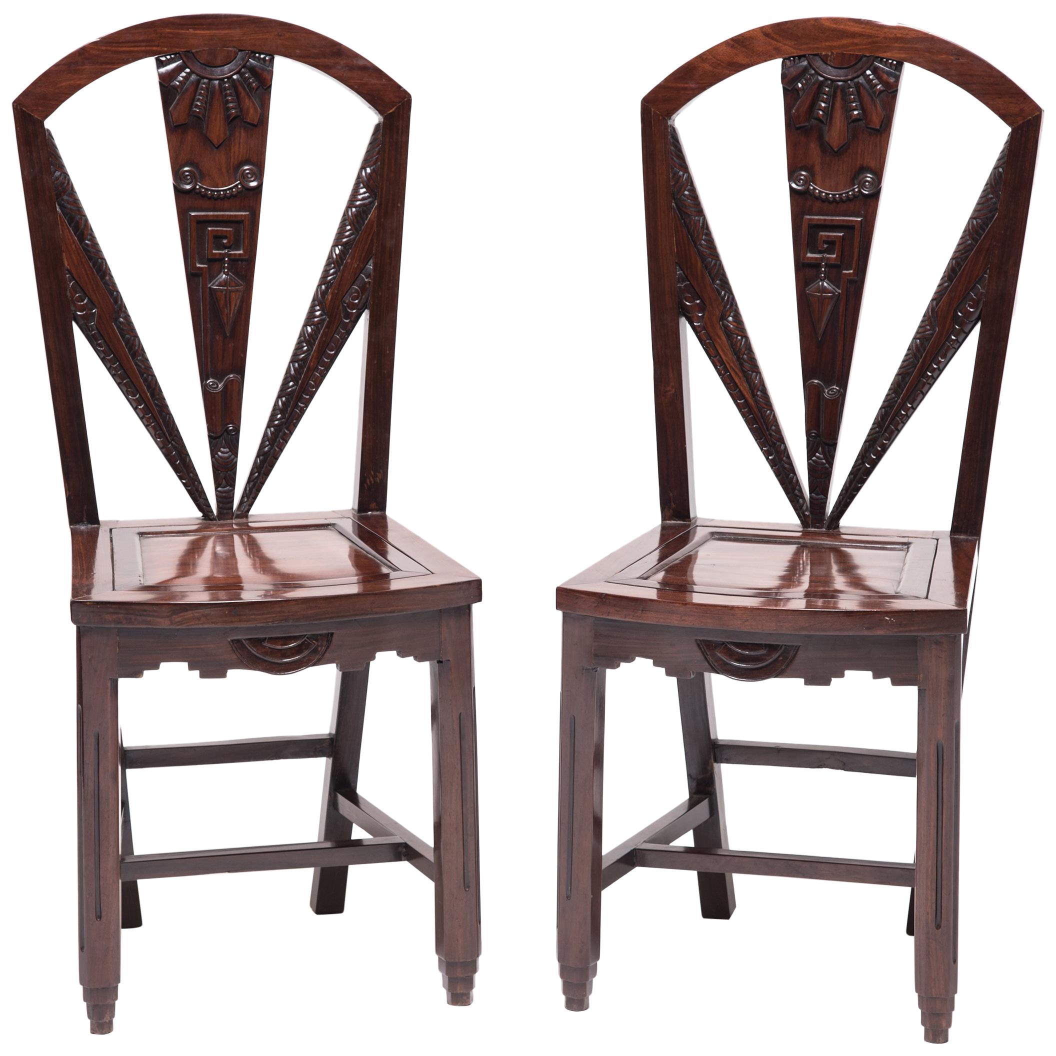 Pair of Chinese Art Deco Geometric Side Chairs, c. 1920
