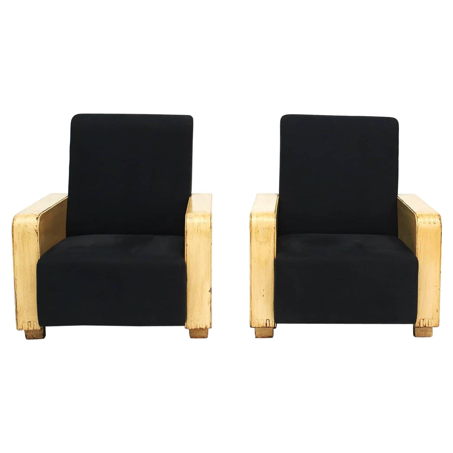 Pair of Chinese Art Deco Lounge Chairs, with Wooden Armrests