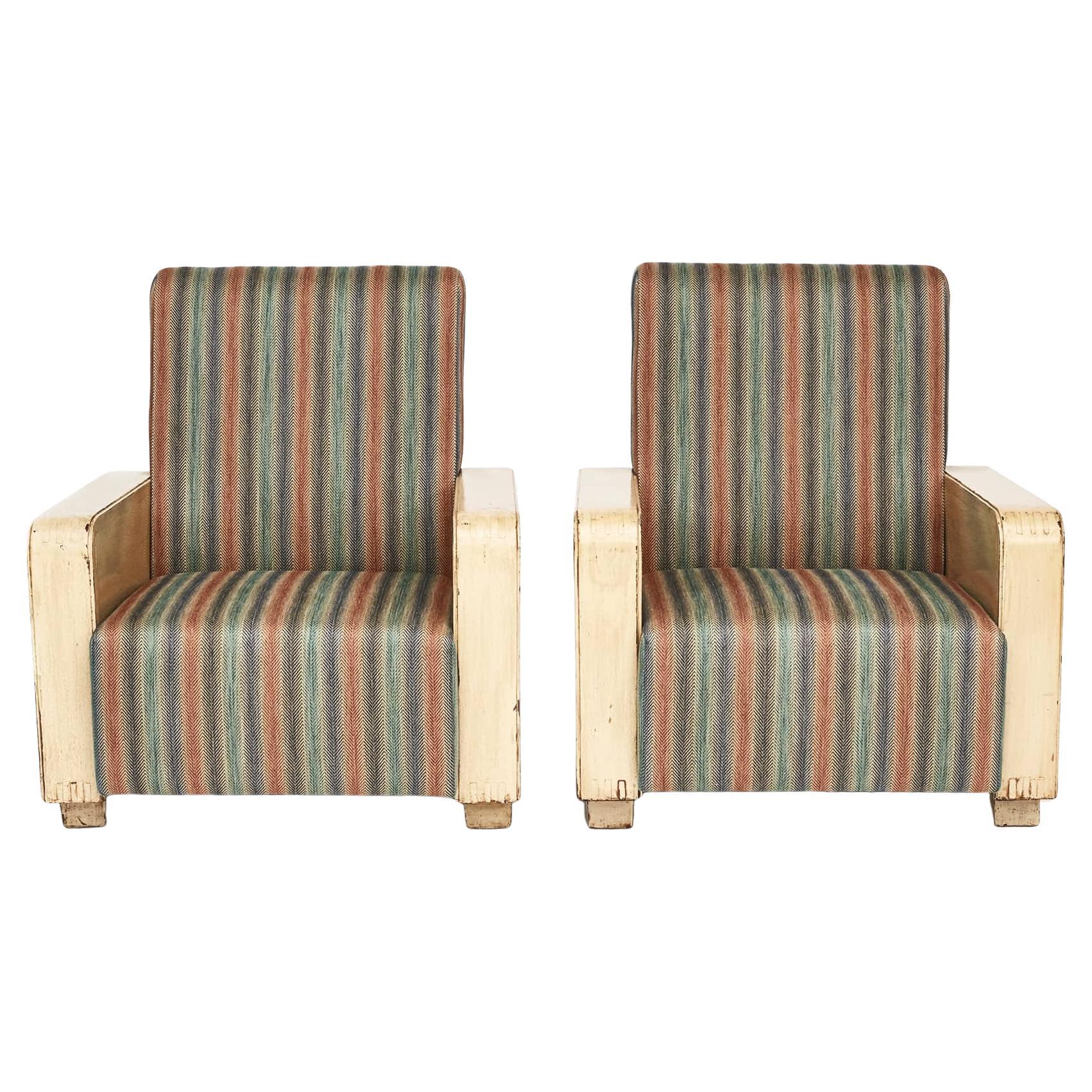 Paire de chaises longues Art Déco avec tissu rayé