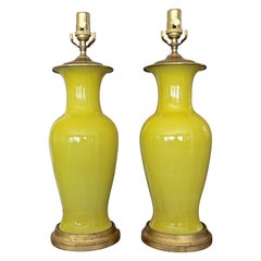 Pair of Chinese Asian Yellow Porcelain Table Lamps