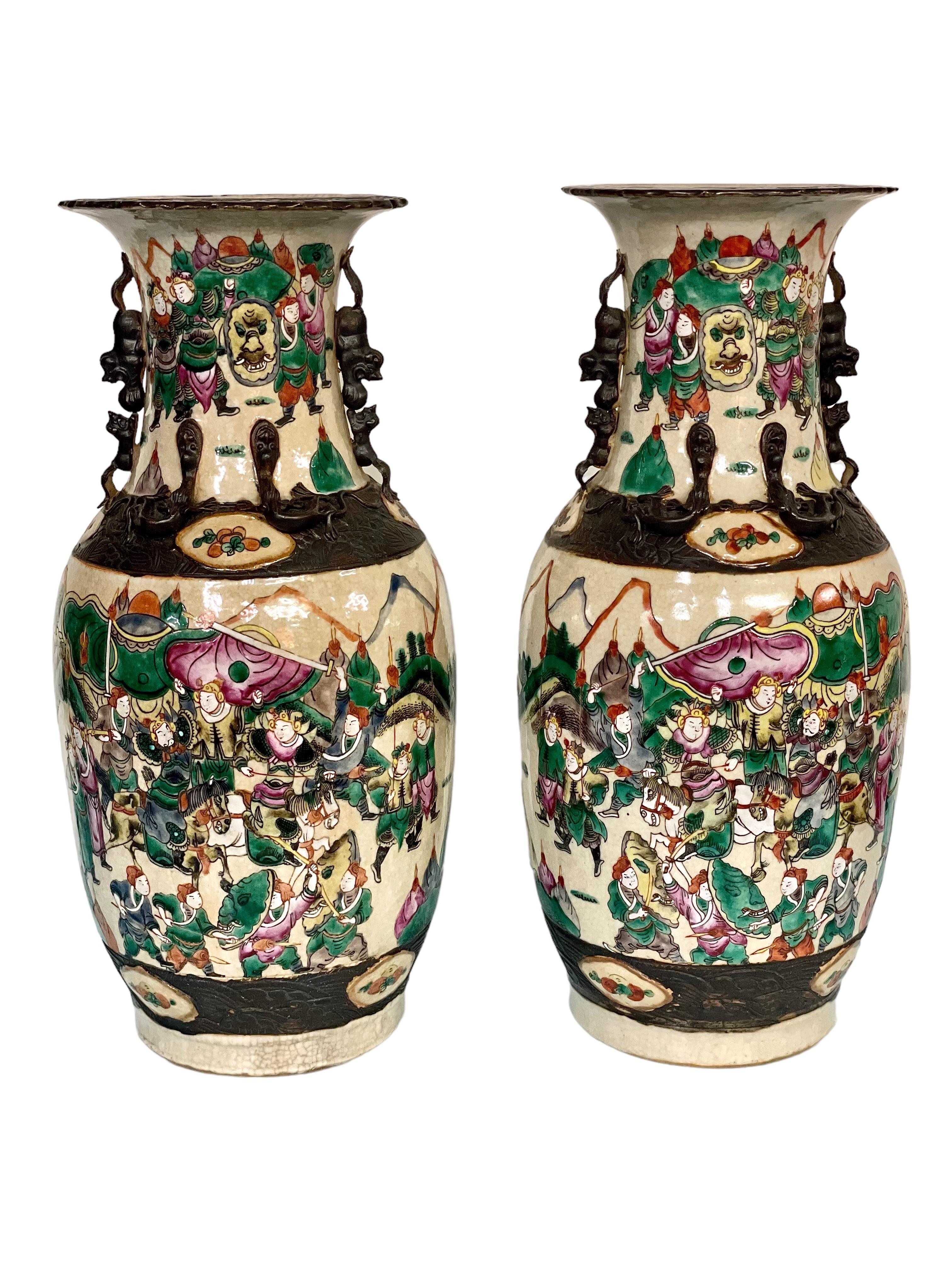 Pair of Chinese Baluster Warrior Vases in Nanjing Crackle Glaze For