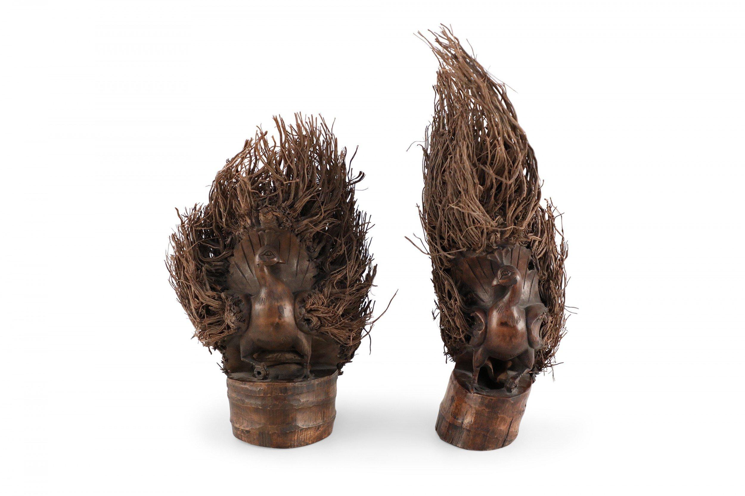 20th Century Pair of Chinese Bamboo Root Carved Peacock Sculptures For Sale
