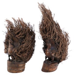 Pair of Chinese Bamboo Root Carved Peacock Sculptures