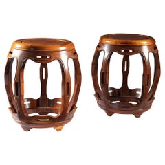 Pair of Chinese Barrel Circular Occasional Tables 