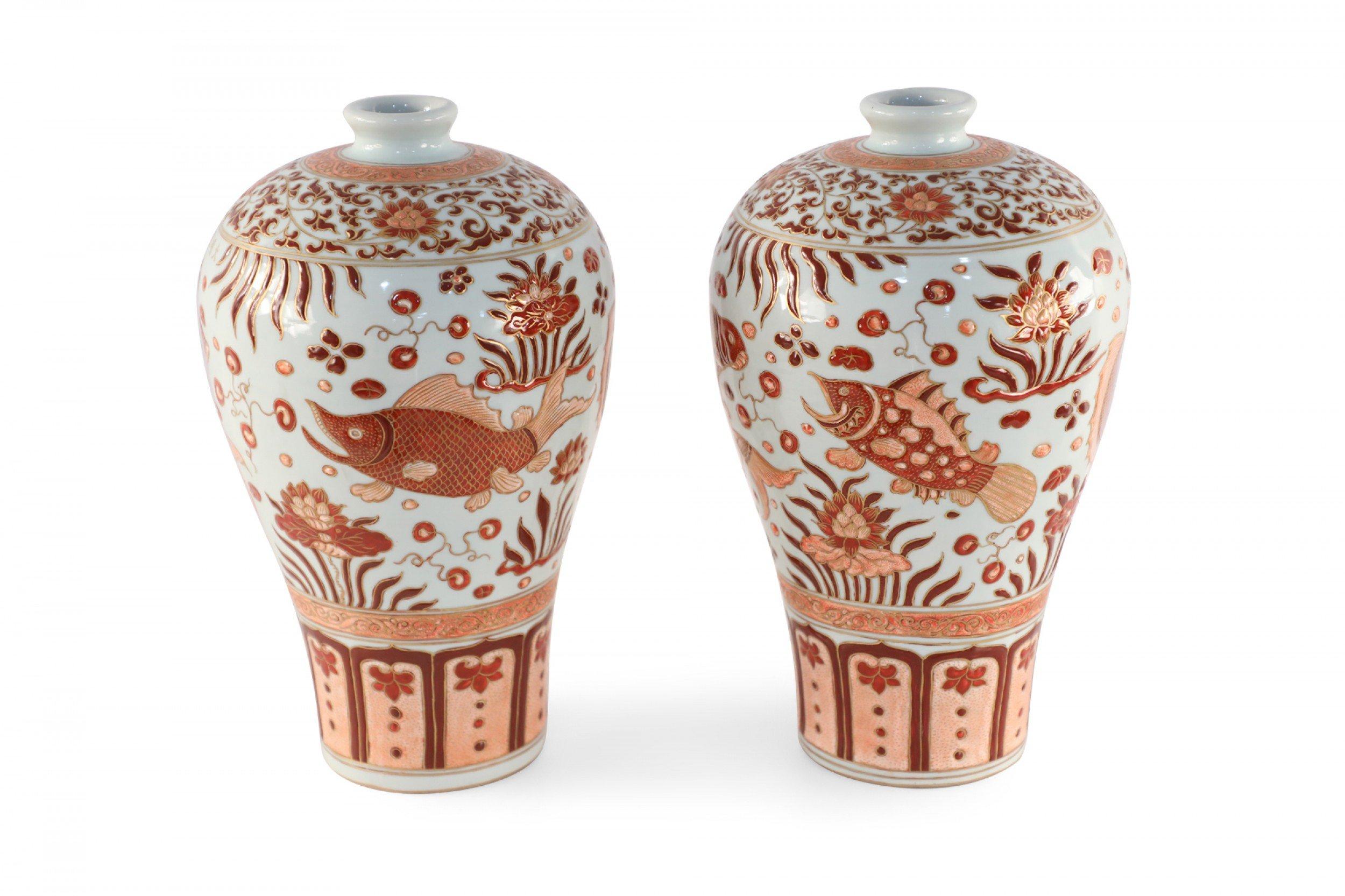 Chinese Export Pair of Chinese Beige and Orange Fish Design Meiping Porcelain Vases