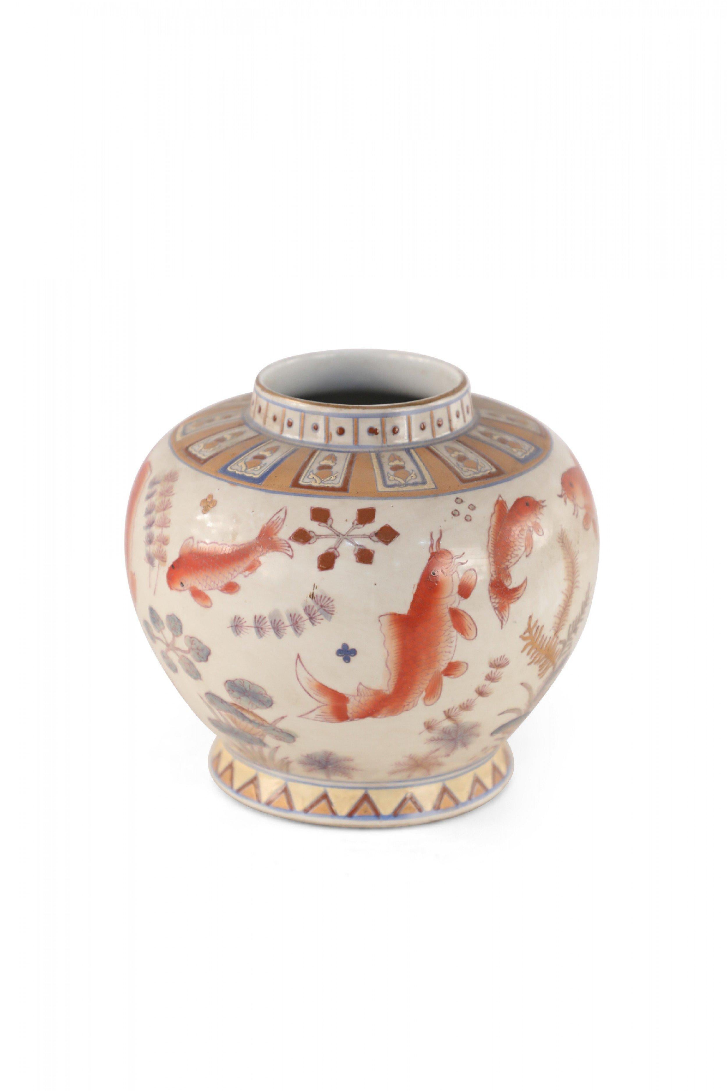 Pair of Chinese Beige and Orange Koi Design Porcelain Vases 5