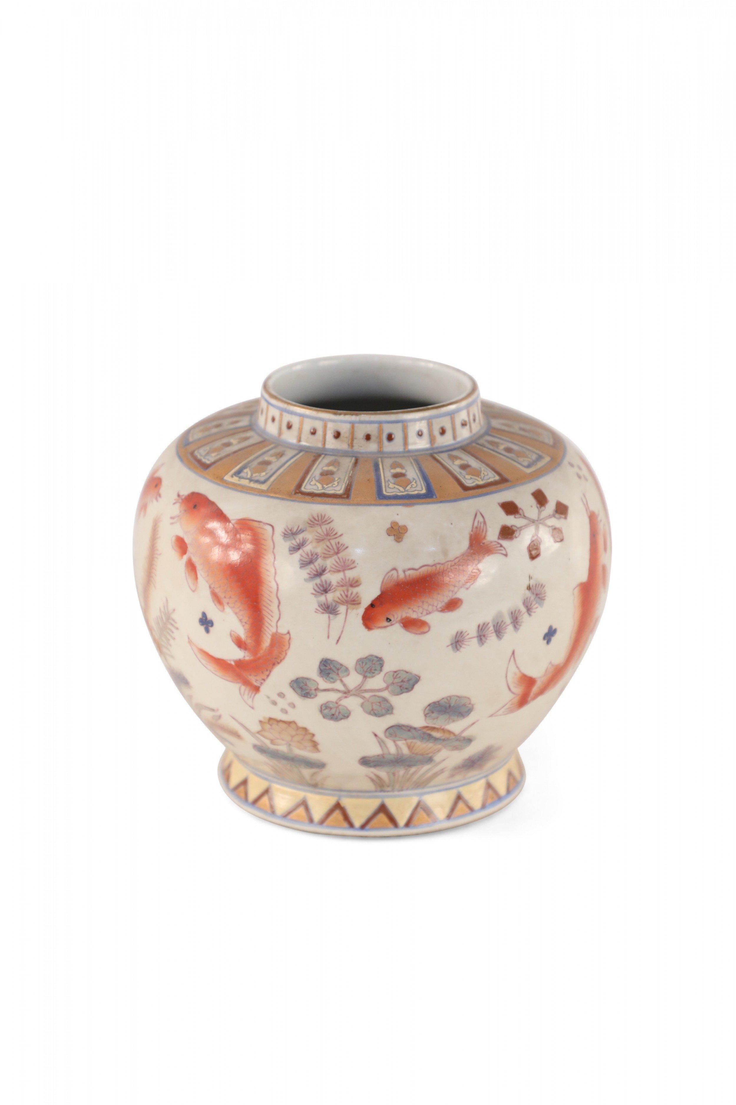 Chinese Export Pair of Chinese Beige and Orange Koi Design Porcelain Vases