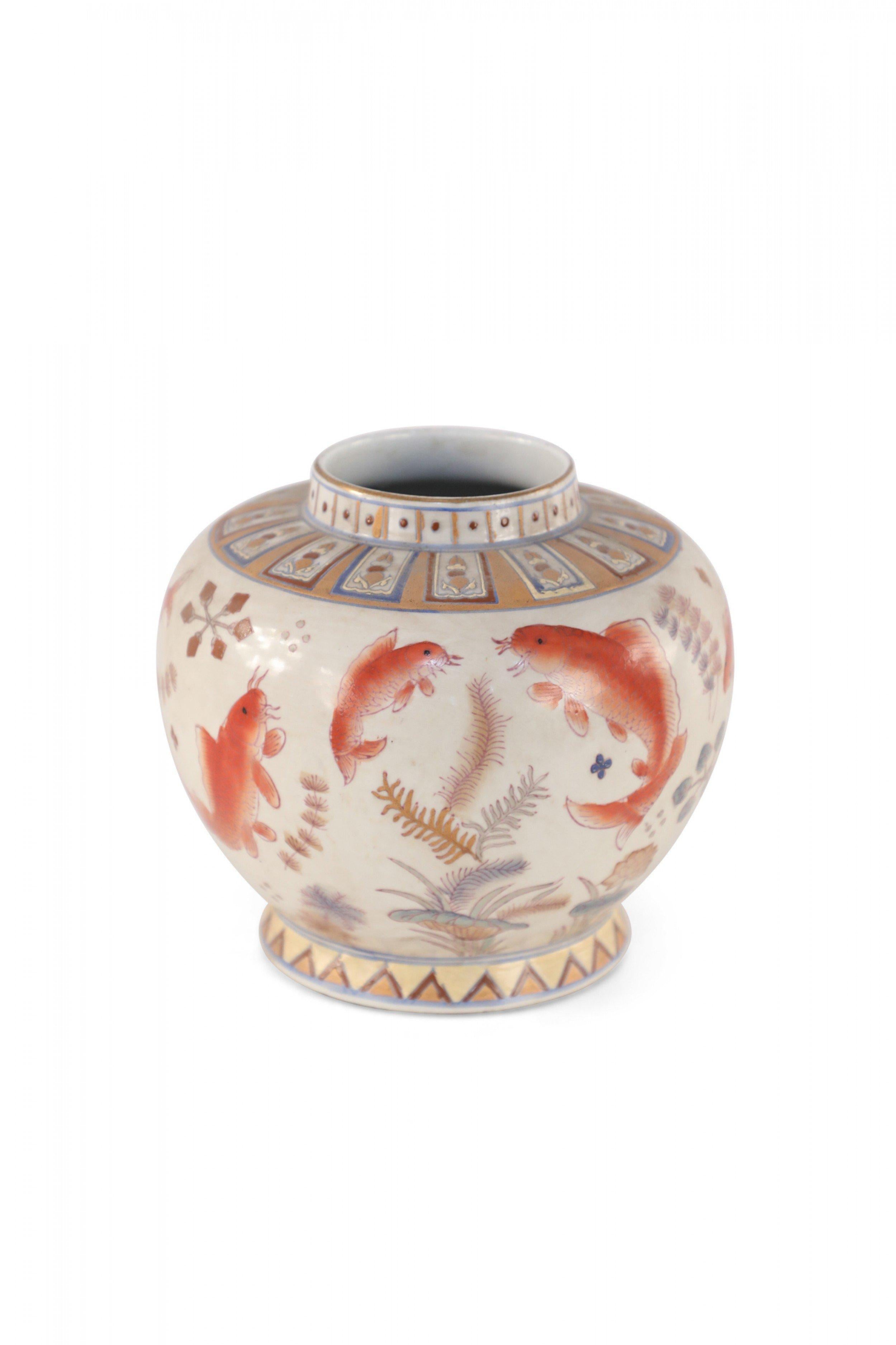 20th Century Pair of Chinese Beige and Orange Koi Design Porcelain Vases