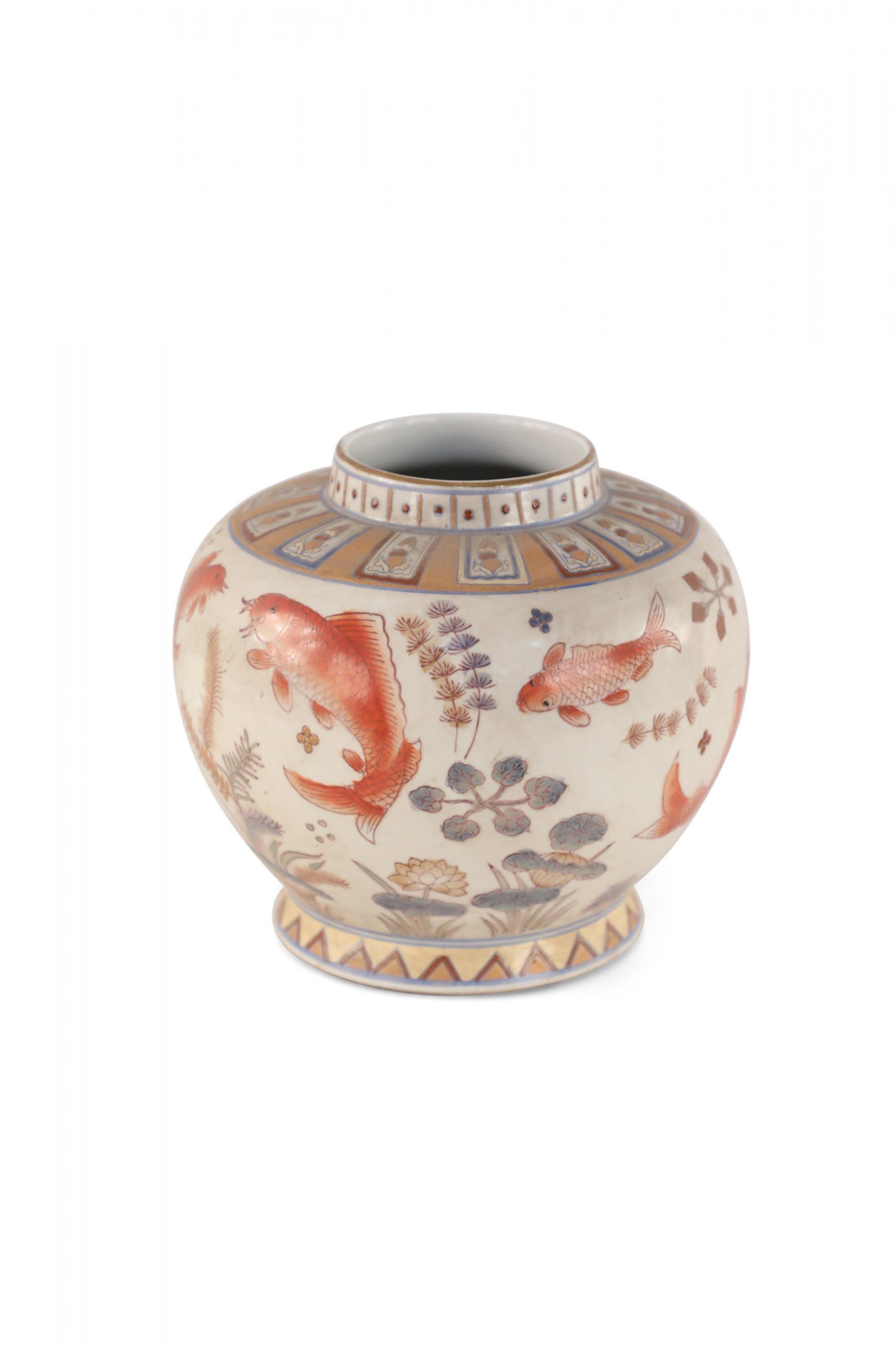 Pair of Chinese Beige and Orange Koi Design Porcelain Vases 1