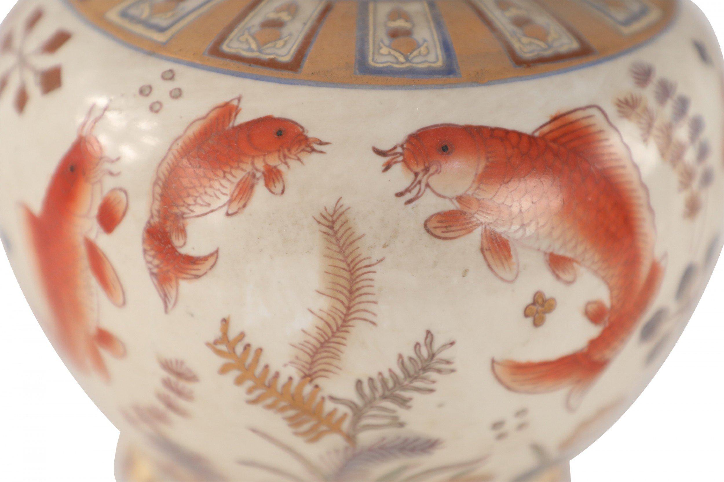 Pair of Chinese Beige and Orange Koi Design Porcelain Vases 2