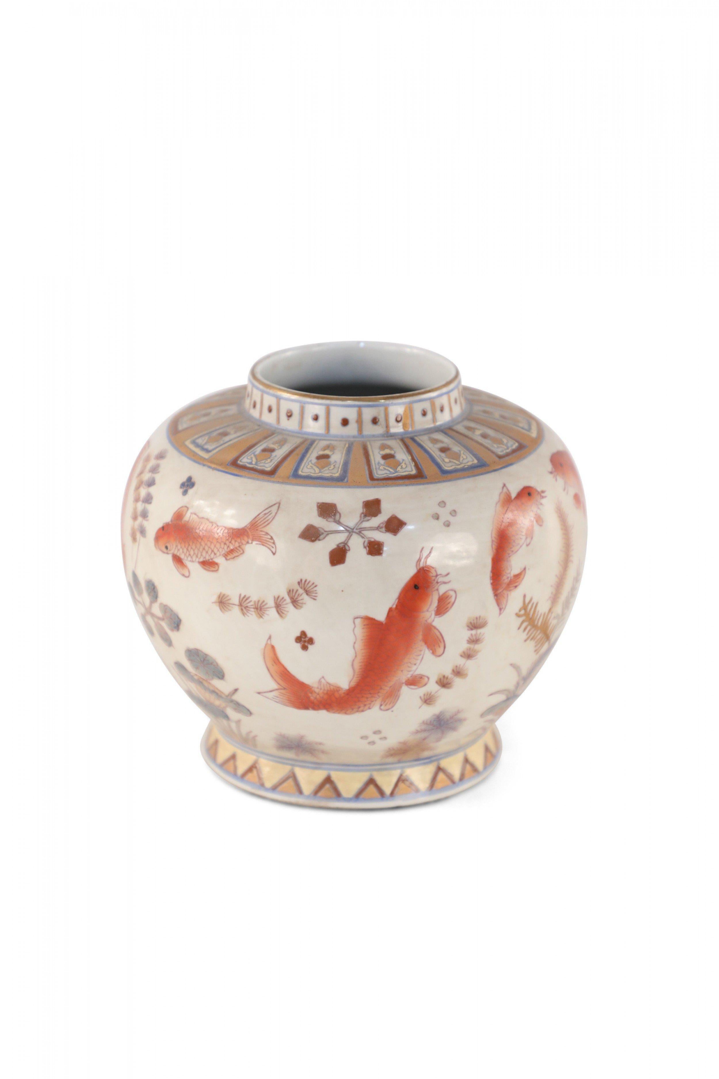 Pair of Chinese Beige and Orange Koi Design Porcelain Vases 4