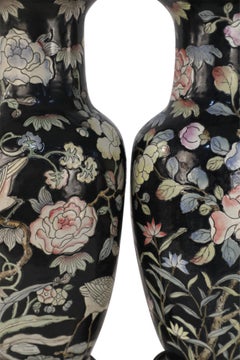 Pair of Chinese Black and Floral Motif Table Lamps