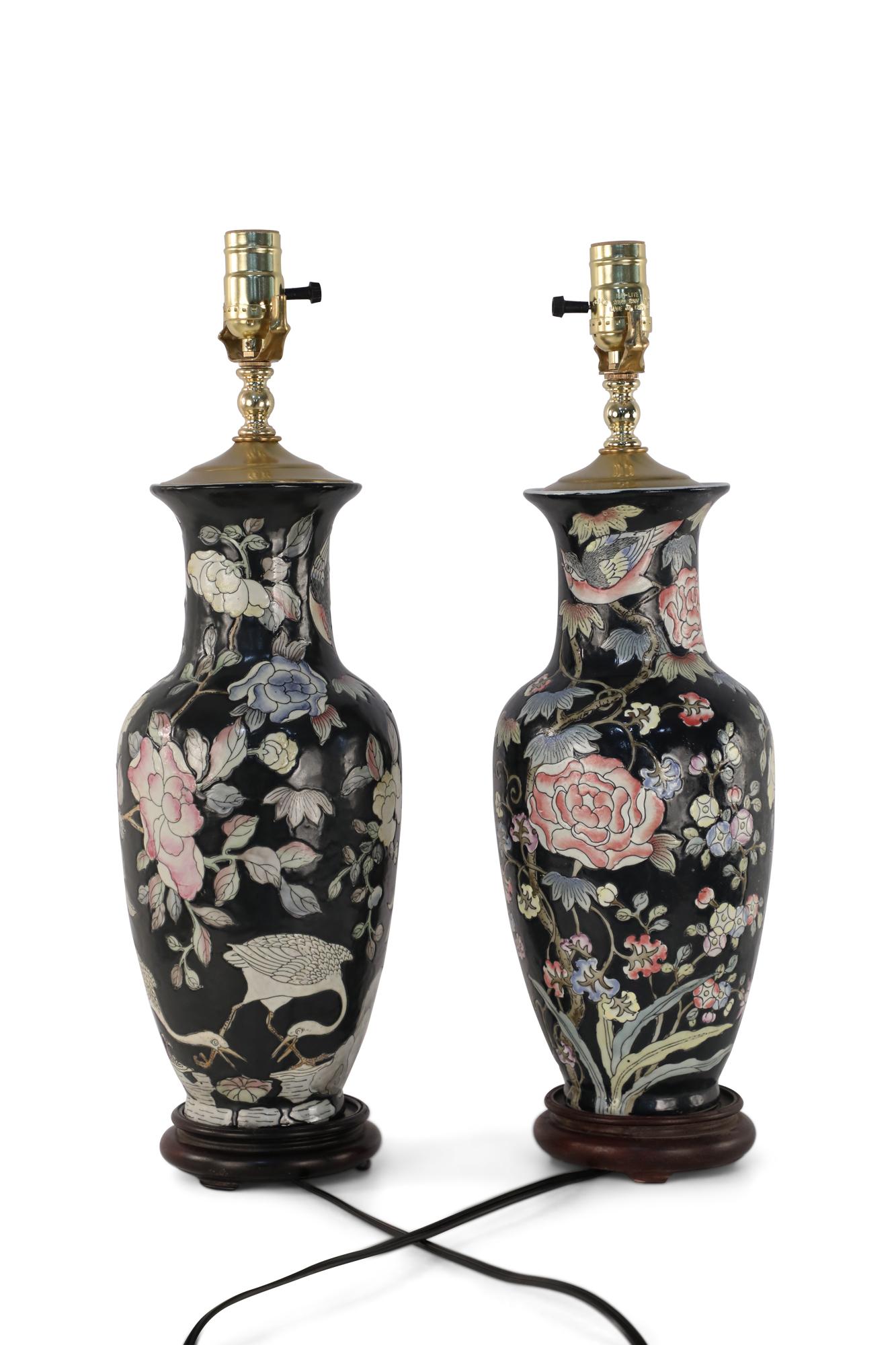 20th Century Pair of Chinese Black and Floral Motif Table Lamps For Sale