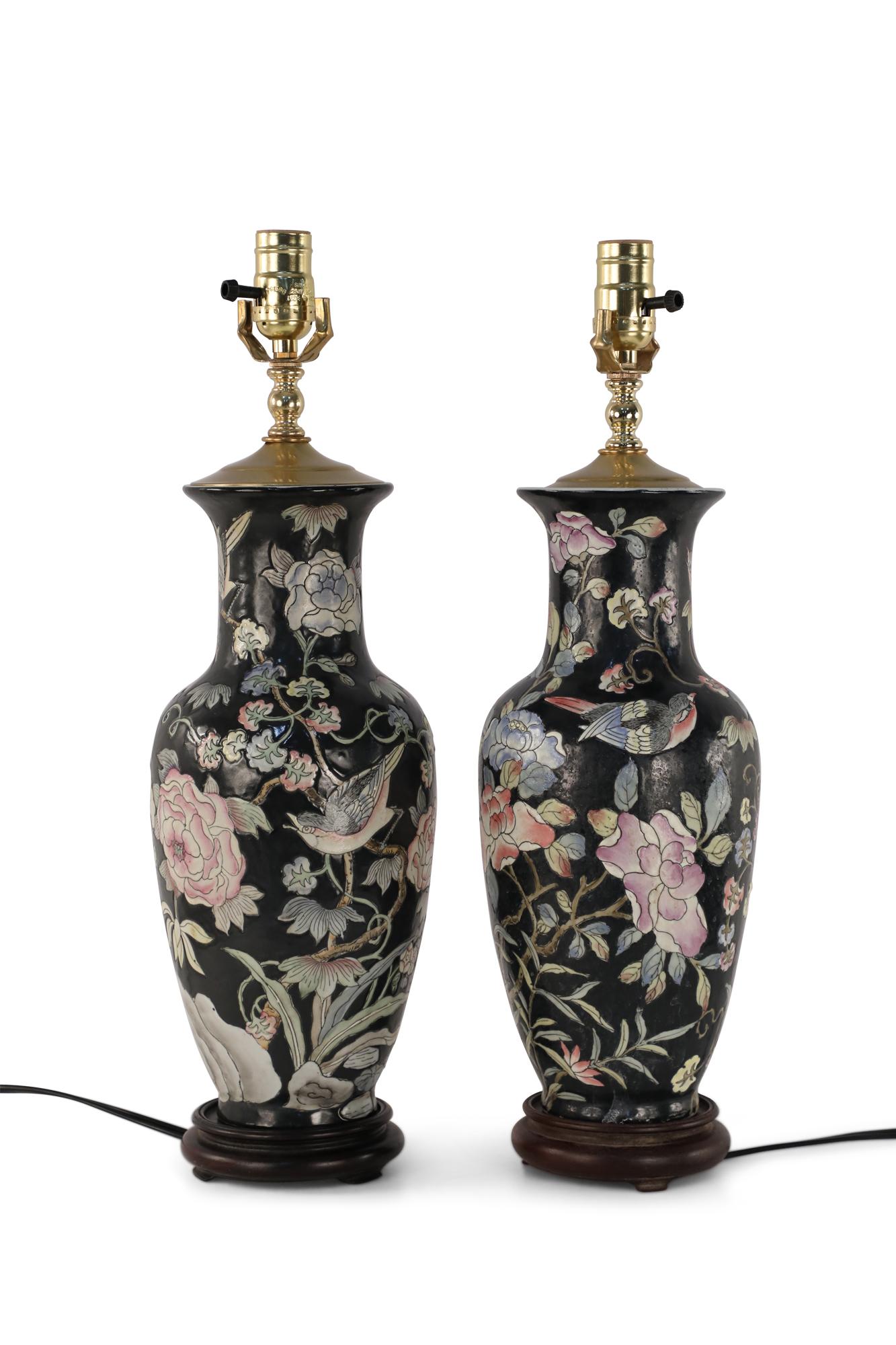Ceramic Pair of Chinese Black and Floral Motif Table Lamps For Sale