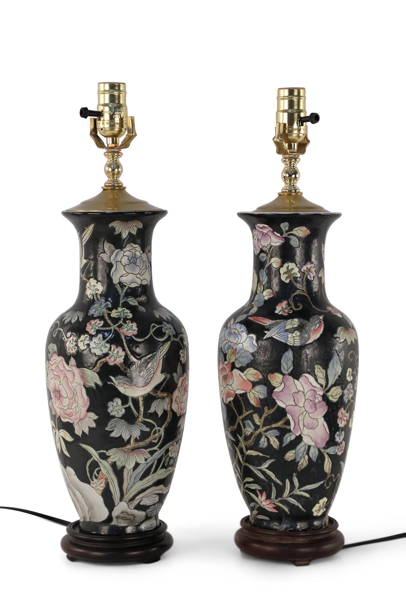 Pair of Chinese Black and Floral Motif Table Lamps For Sale 1