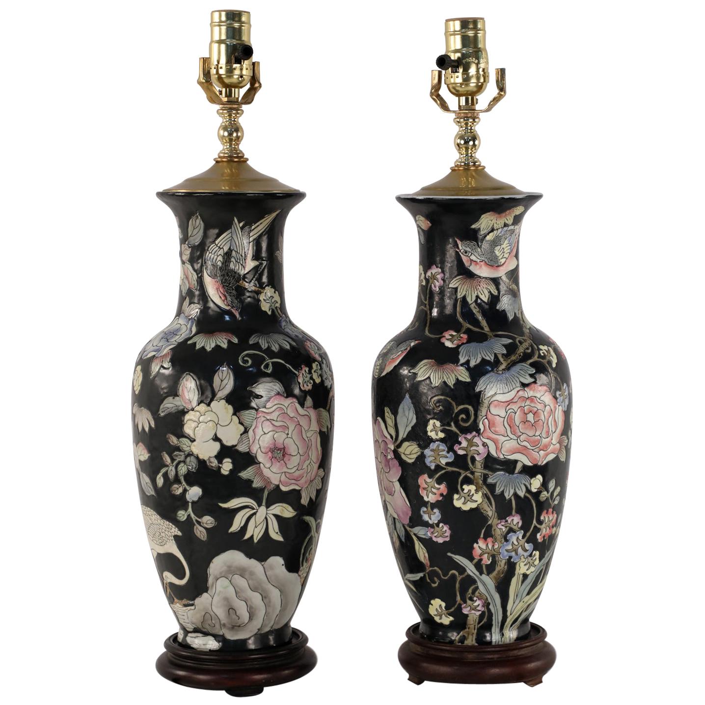 Pair of Chinese Black and Floral Motif Table Lamps