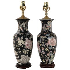 Vintage Pair of Chinese Black and Floral Motif Table Lamps