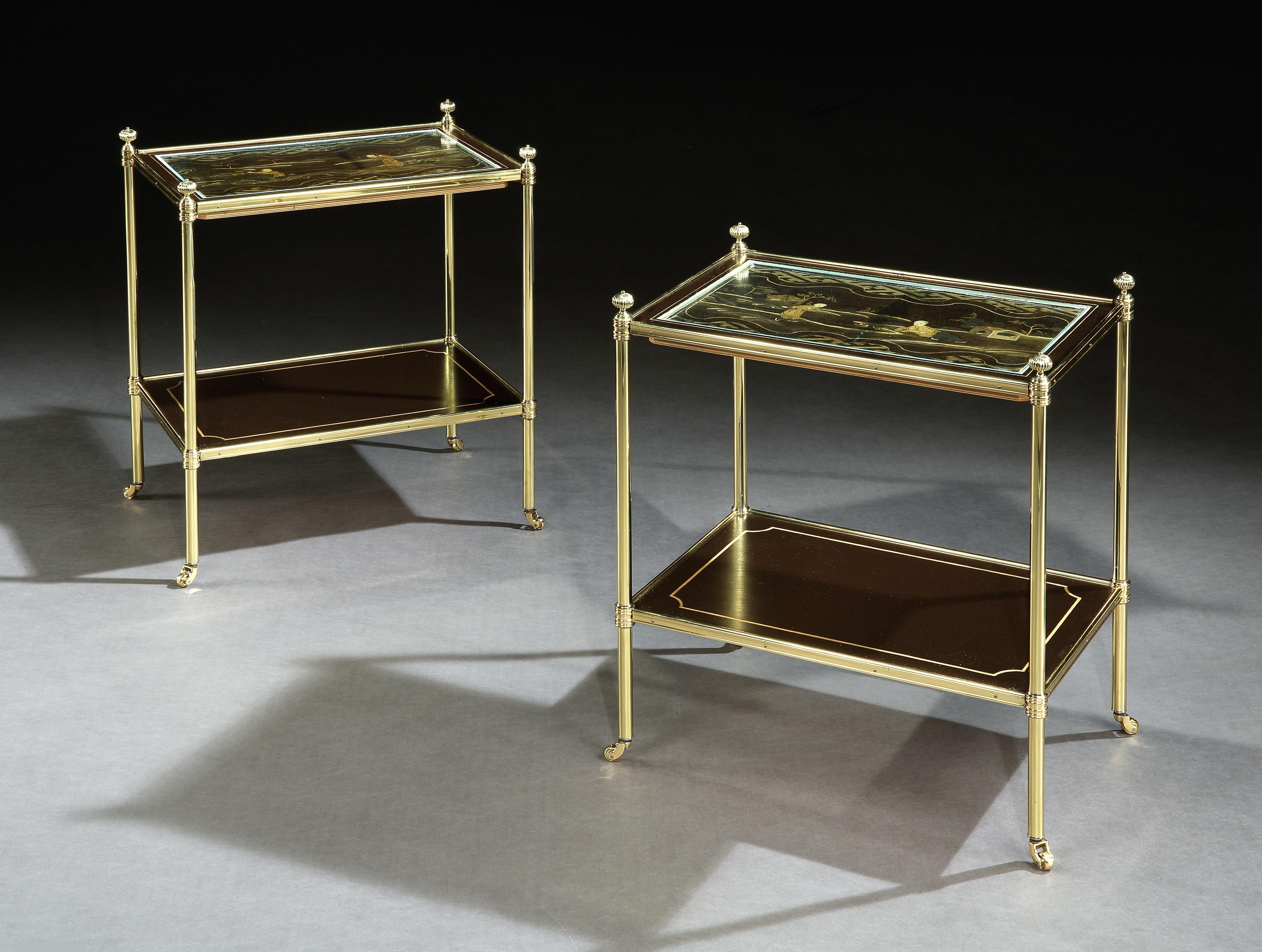 Chinoiserie Pair of Chinese Black and Gilt Lacquer Two-Tier Tables