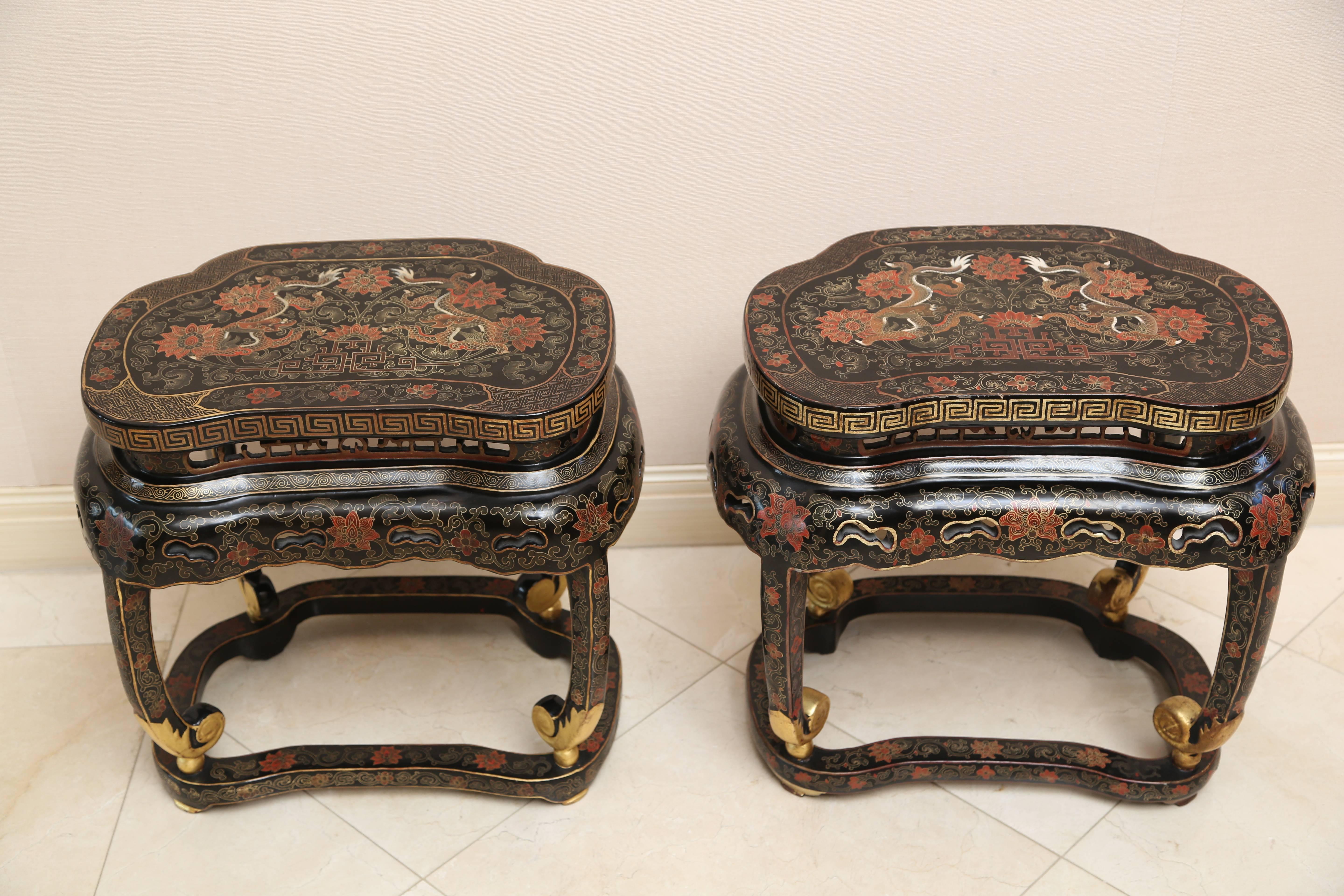 Lacquer Pair of Chinese Black and Gilt Low Tables