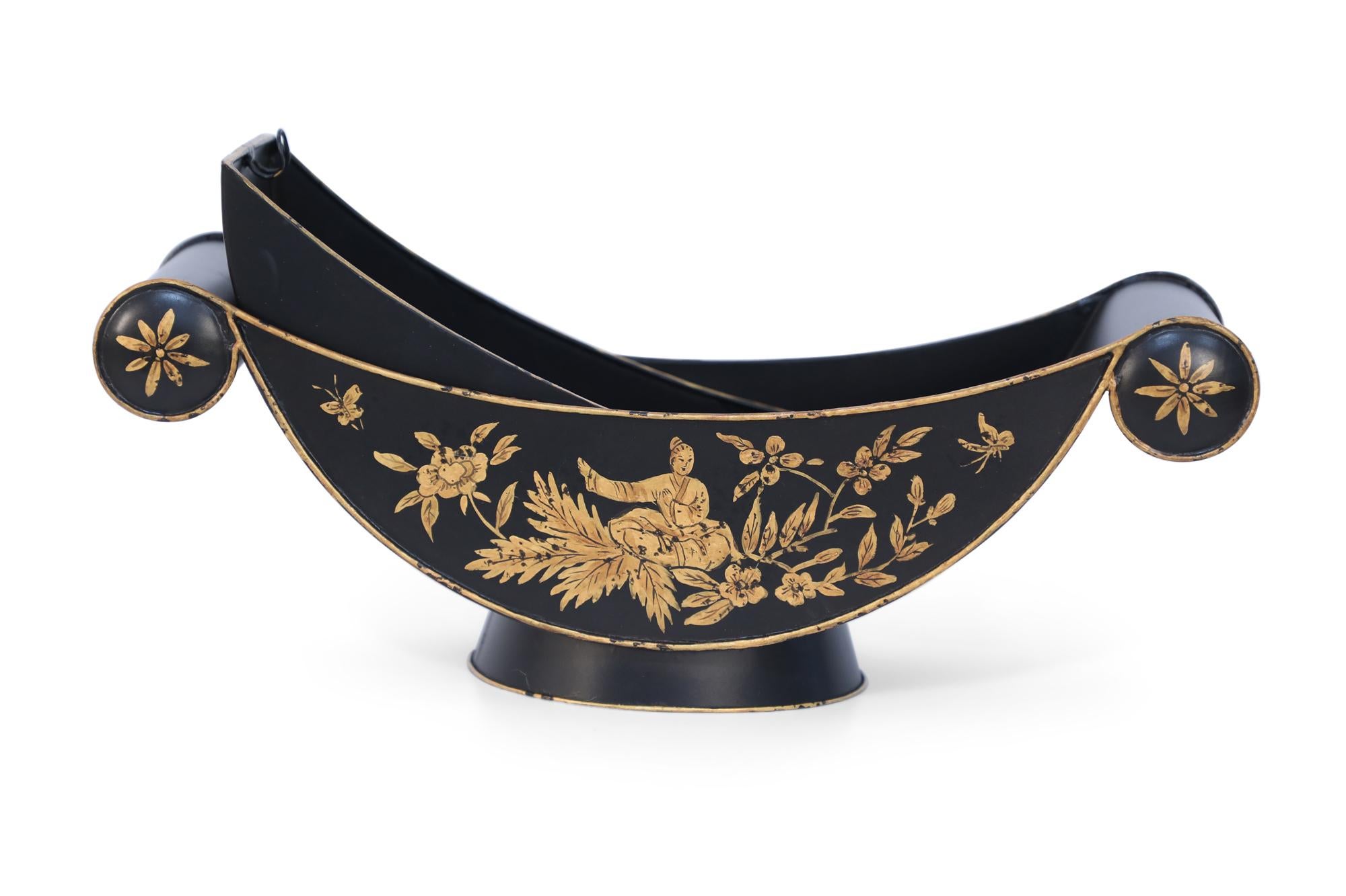 Pair of Chinese Black and Gold Tole Scroll Handle Vessel Planters For Sale 4