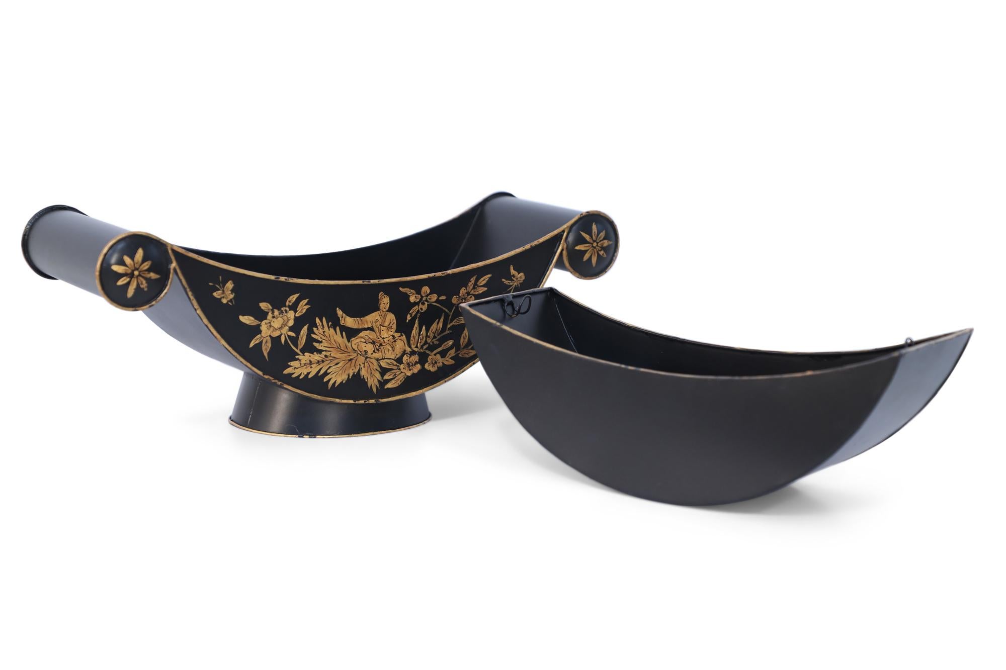 Pair of Chinese Black and Gold Tole Scroll Handle Vessel Planters For Sale 7