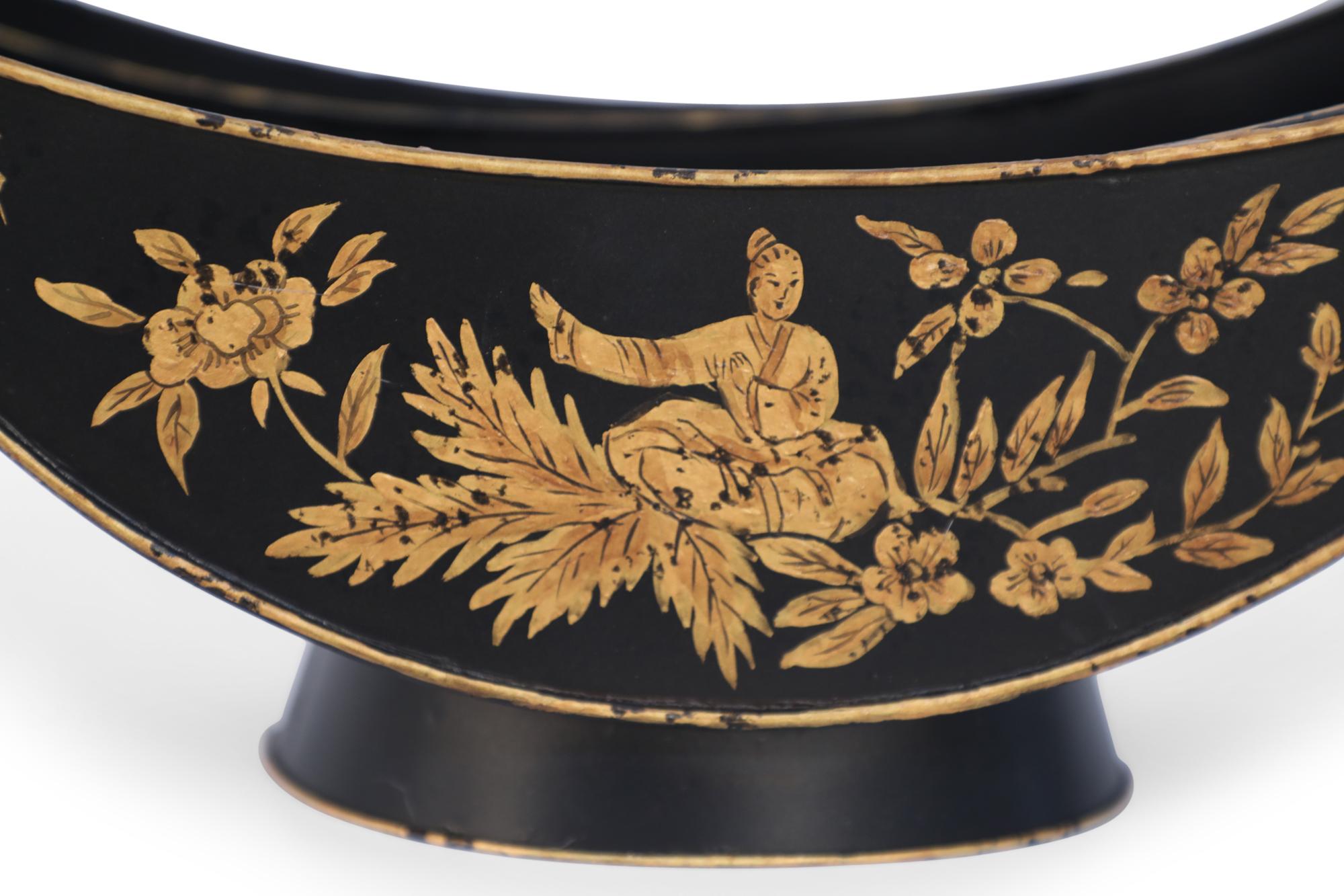 Pair of Chinese Black and Gold Tole Scroll Handle Vessel Planters For Sale 9
