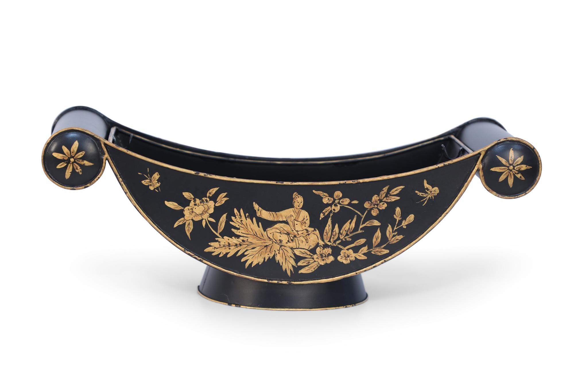 Pair of Chinese black and gold tole vessels with scrolled handles and a painted fold design of figures sitting amongst a variety of florals on a round foot with removable half-moon insert.