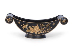 Pair of Chinese Black and Gold Tole Scroll Handle Vessel Planters