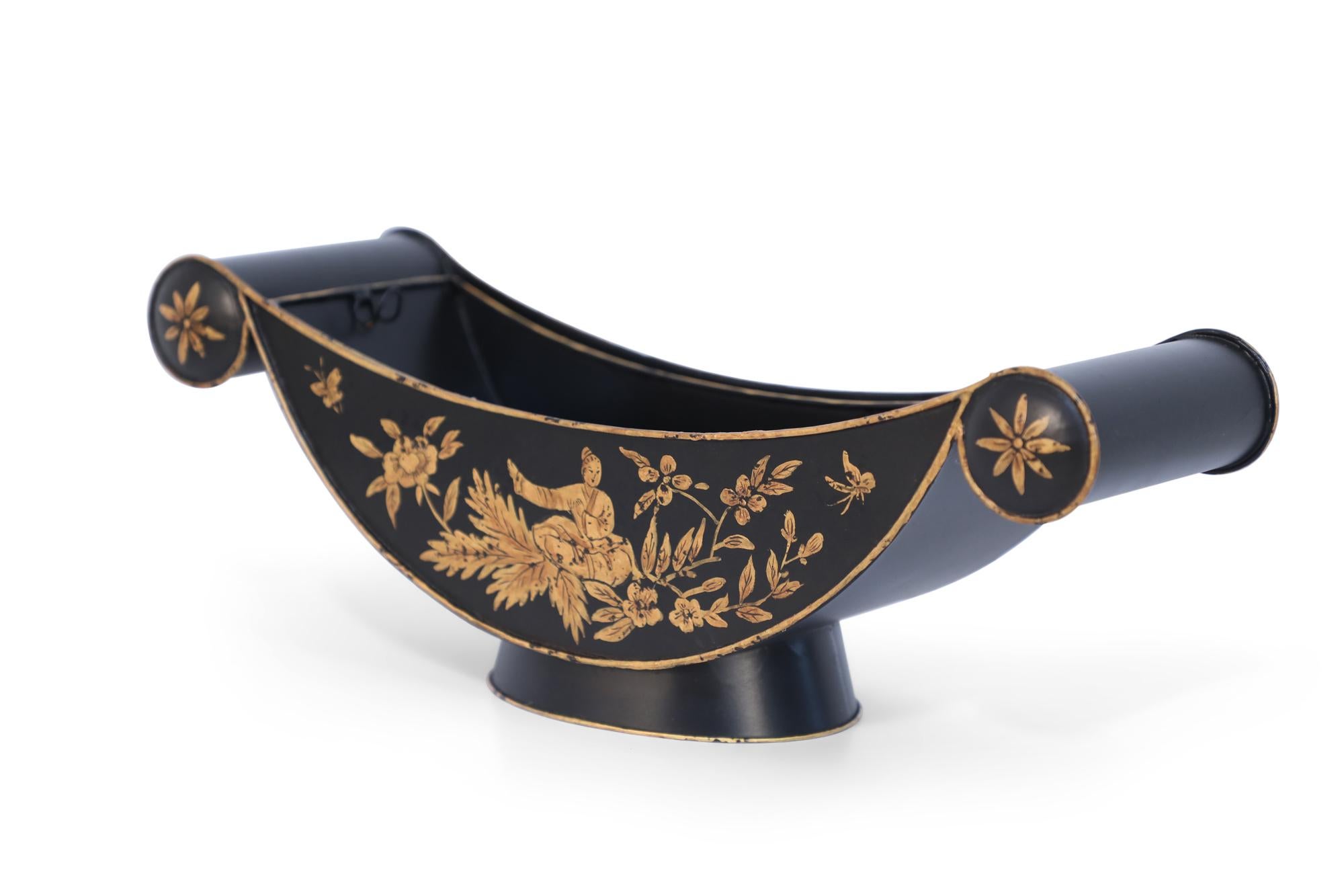 Chinese Export Pair of Chinese Black and Gold Tole Scroll Handle Vessel Planters For Sale